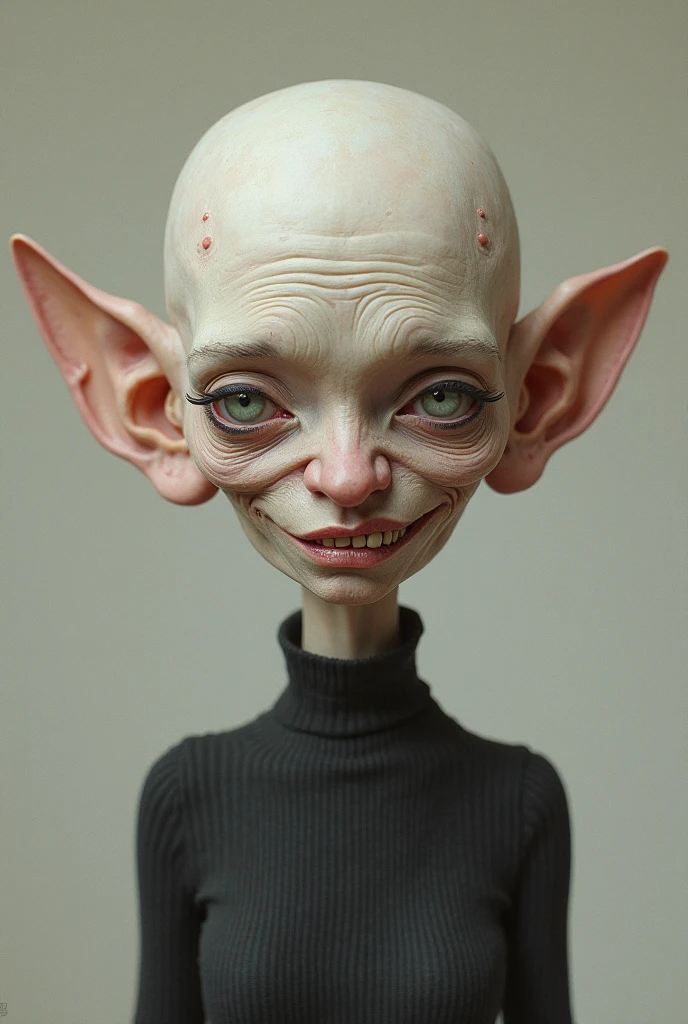 photorealistic sexy white girl Belle Delphine, wearing a cute bald sweaty goblin teen girl mask with green skin, blush, and freckles, and fangs, and braces, and long pointy teeth, she's completely naked with perky breasts. she has very prominent sternocleidomastoids and collar bones. she looks flirty and horny doing an ahegao face drooling. her cute goblin mask is green and covers her entire head and neck and looks just like Belle Delphine