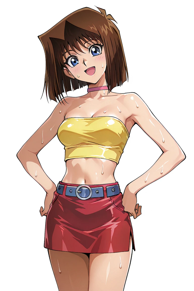 (ElieRM), girl,masterpiece, high quality,large breast, solo,  smile, brown hair, closed eyes, jewelry, day, atlhetic slim body, sexy body, blue shorts jeans, belly, neckline, highlighted contours,  1990s (style), 1980s (style), retro style, 