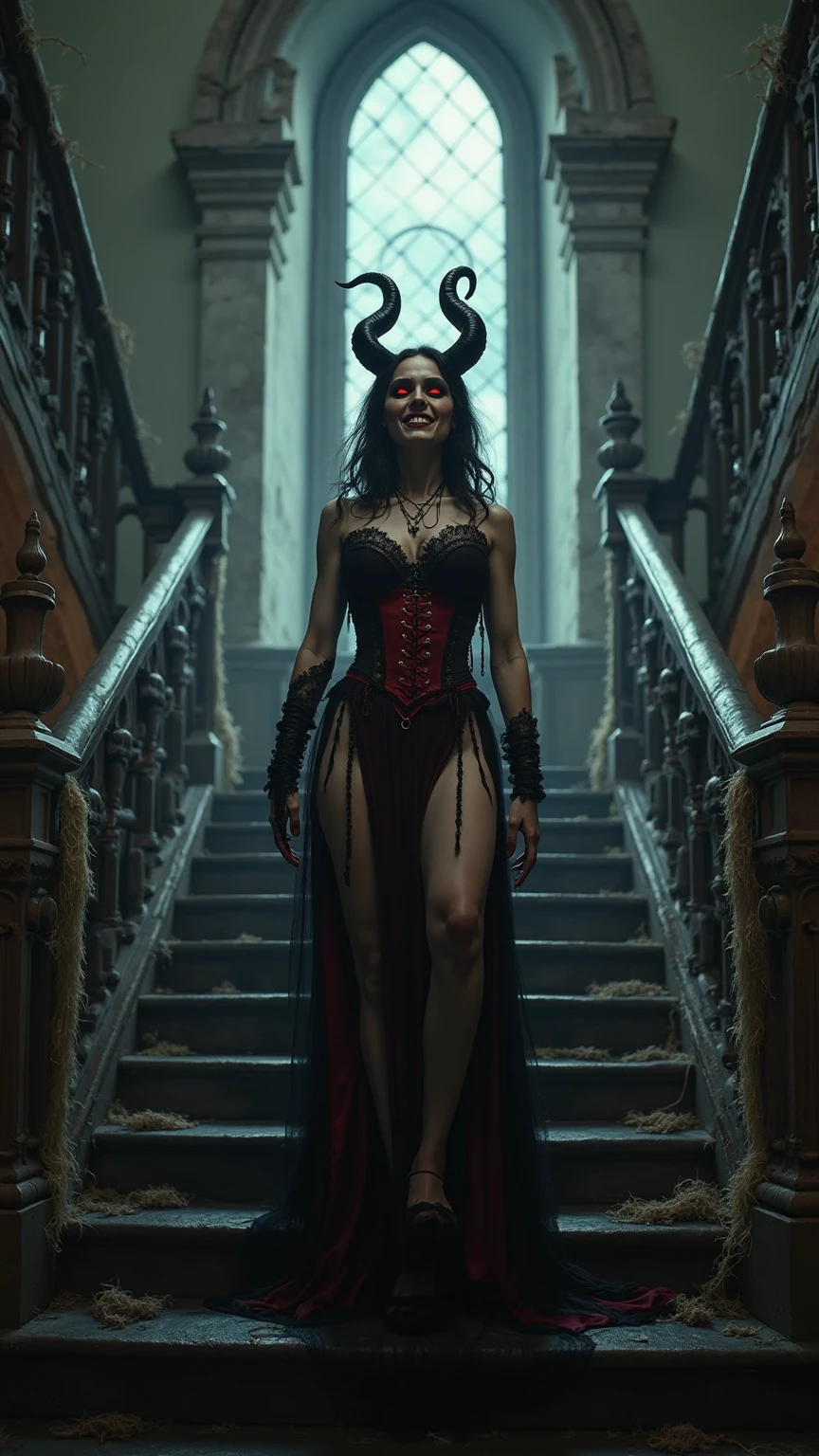 She is a vampire wearing a stylish outfit.She has huge wings, a smile showing her fangs, and is holding a wine glass with her hand.You can see the sky blazing with lightning and a huge castle.Professional photography, sexy,High definition,8k