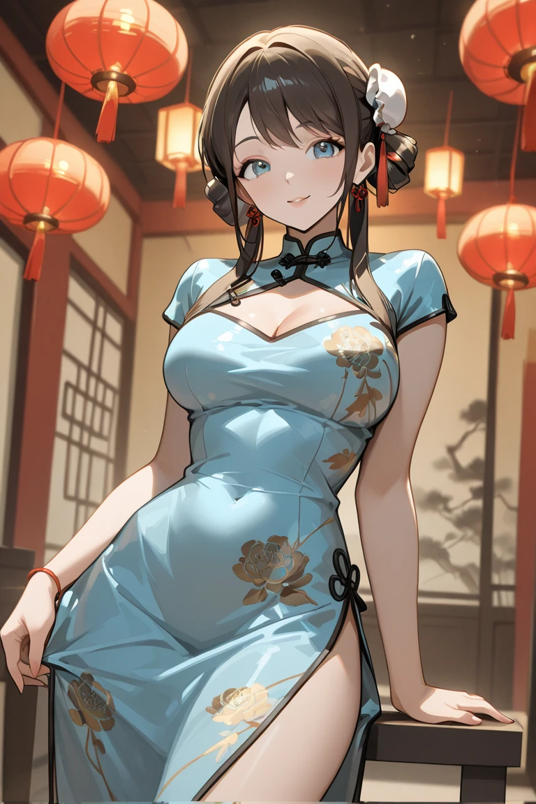 (Beautiful Chinese woman,1 girl,qipao dress:1.7,Extremely detailed,Incredibly beautiful,Porcelain skin,short hair,Big ,Slim waist,Big buttocks,pornography,Reality,Ultra Detailed,8K,Best quality,high resolution,Movie Lighting,Intricate details,masterpiece)
