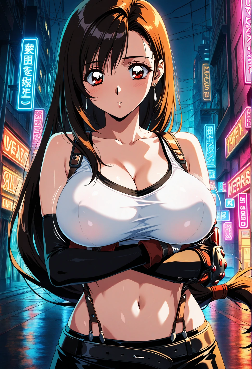 score_9, score_8_up, score_7_up,4k, nsfw,BREAK , from front,from above, focus:1.3,standing,straight-on,(,breastess:1.2),(breasts squegether:1.3),,(upperbody:1.3),looking_at_viewer ,1girl, tifa lockhart, final fantasy, tareme,black hair, low-tied long hair, red eyes, bangs, white tank top, belt, pleated skirt, thighhighs, elbow fingerless gloves, elbow pads, midriff, navel,suspender skirt ,large_breasts,(light smily waist ,Solo,,(midnight and beachside and city),Toned,,detailed skin,(best quality),(aesthetic,very aesthetic),masterpiece, highres,4k,(ultra-detailed:1.4) (illustration:0.4), (ray tracing,:0.7),(anime colored:0.7),(ai-generated:0.5), (anime screencap:0.8),megami magazine,