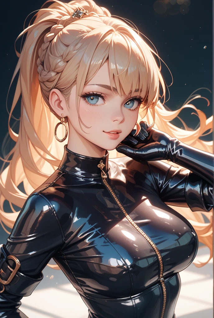 (1 woman, mature, short messy blonde hair, black tight latex suit, long jhumka earrings, detailed alluring eyes, smooth detailed lips, beautiful face, smiling, red lipstick, bangles, saggy breasts, photorealistic, 8k, hyperdetailed, vibrant colors, studio lighting, masterpiece, cinematic composition, dramatic lighting, intricate details, highly realistic skin textures, volumetric lighting, beautiful intricate jewelry, warm color palette, natural lighting, elegant pose, beautiful detailed expression, hyper realistic rendering, seamless blending, flawless skin, glowing skin, delicate features, breathtaking realism, striking composition, tall, full body view,shoes