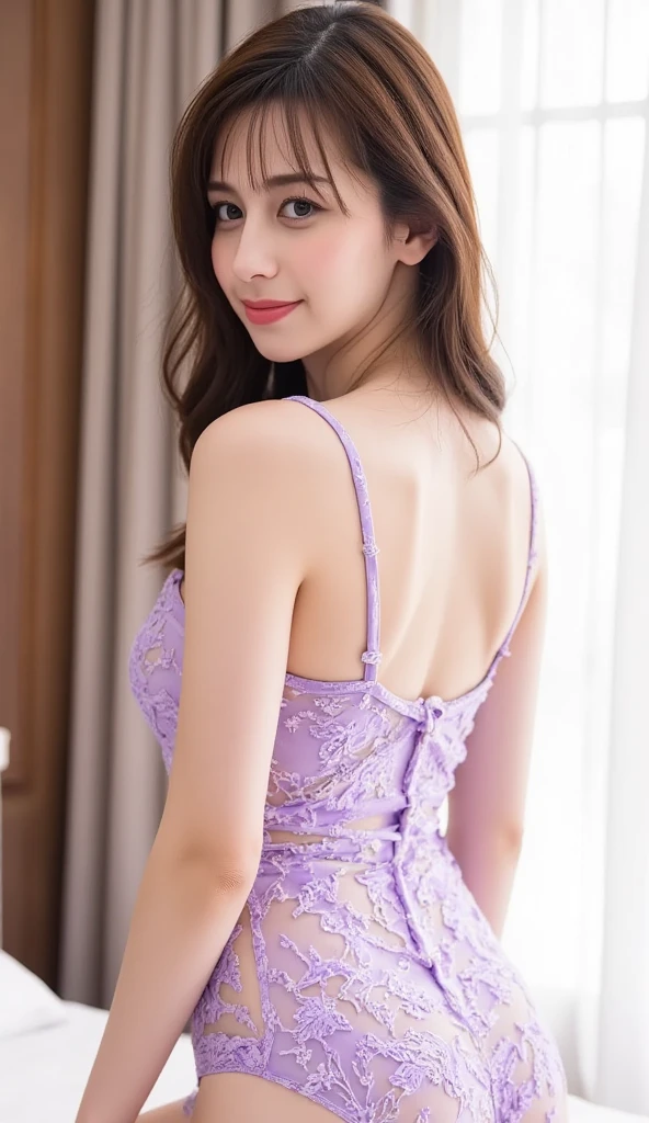 ((Highest quality, 8K, masterpiece: 1.3)), sharp: 1.2, Perfect Body Beauty: 1.4, ((Layered Hairstyles, Small breasts: 1.1)), street: 1.2, Hair tied on top of head, Wavy Hair, White and beautiful skin, Beautiful attention to detail, Super detailed, Highly detailed face and skin texture, fine grain, double eyelid, Long black hair, Turning his back, Big Belly, Big Ass, Butt crack, Lower Body, Thighs, Skinny, Fabric light purple lace dress, Ribs are floating, Wet and shiny lips, Cross your arms, Lace pattern, Look Up, smile, Looking back here, The gaze is directed this way, Waistline