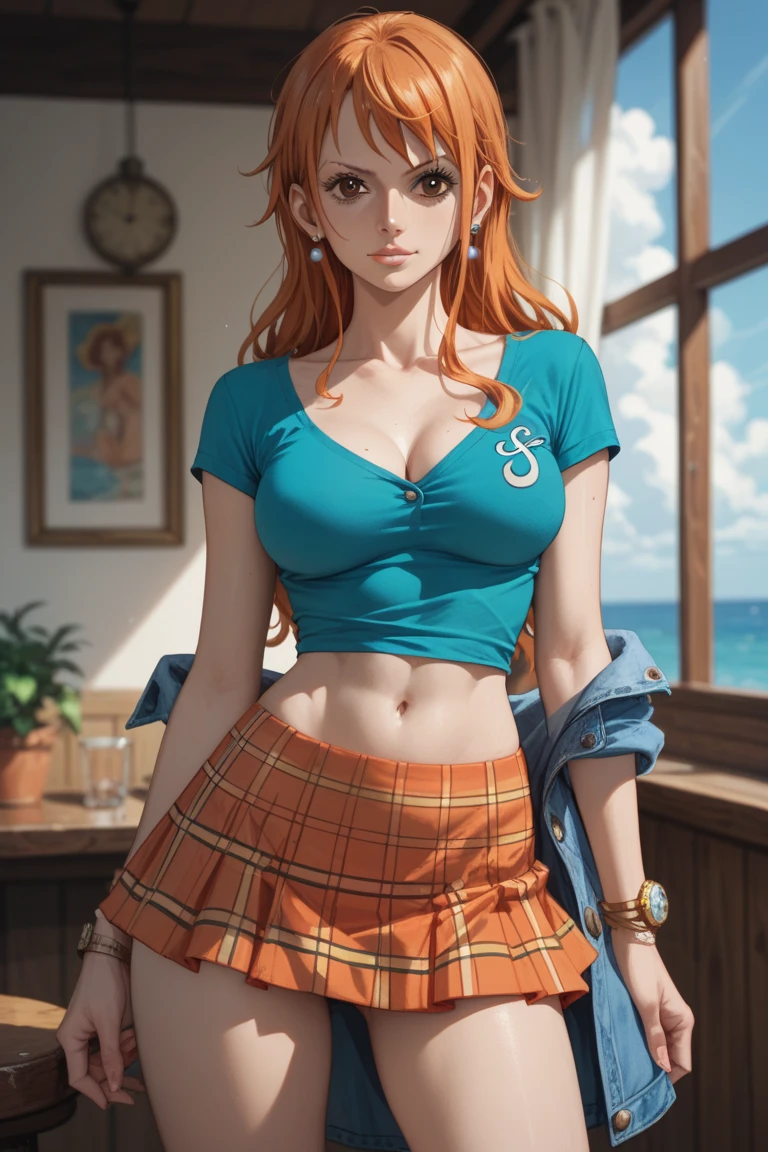 Nami from one piece,looking from below,low angle,perspective from below,InIn this enchanting masterpiece, the towering giantess commands the canvas with an undeniable presence, her figure exuding confidence and allure. Clothed in a stylish white and blue striped tank top, its fabric clinging to her curves and accentuating her slender physique, she exudes an air of effortless grace. The tantalizing glimpse of her midriff, exposed by the top's daring design, adds a hint of playfulness to her ensemble, while the worn blue jeans, boasting a relaxed fit, add a casual yet chic vibe to her look. Her vibrant tangerine orange hair cascades in luxurious waves, expertly gathered into a sleek ponytail adorned with a delicate white swirl pattern, framing her face with an ethereal charm. The warm hues of her hair contrast beautifully against her sun-kissed skin, accentuating her natural radiance. Gazing into her expressive brown eyes, one finds themselves captivated by their depth and intensity, framed by long, fluttering lashes that only serve to enhance their allure. Her nose and full, inviting lips sit atop a defined jawline, completing a visage of striking beauty and refinement. The low angle of the image provides a unique perspective, inviting the viewer to appreciate the intricate details of her ensemble. The focus on her exposed midriff and slender form emphasizes her feminine curves, while the attention to her feet draws one's gaze to the delicate brown sandals that adorn them. Each strap and buckle is meticulously rendered, adding a touch of sophistication to her attire. As she sits gracefully, the gentle curve of her posture exudes a sense of poise and elegance, inviting admiration from all who behold her. From this vantage point, the viewer is enveloped in the enchanting world of the giantess, captivated by her beauty and charm.,feet,feet,feet,feet,feet,feet,feet,barefoot,soles,sandals,toes,legs,foot,