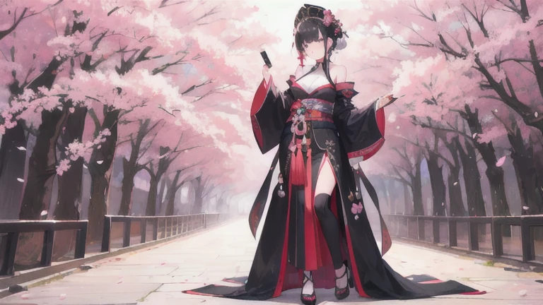 ((masterpiece,best quality)),2girls, black kimono, black legwear, black ribbon, black hair, cherry blossoms, day, flower, hair bun, hair ribbon, japanese clothes, kimono, long hair, looking at viewer, looking back, multiple girls, belt, outdoors, red eyes, red hair, ribbon, sandals, single bun, stairs, standing, statue, torii, tree, yellow eyes, witch costume
