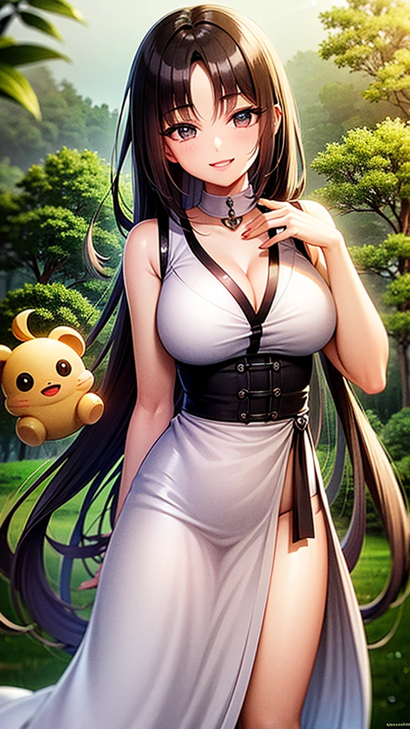 1 girl, game CG, white clothes, I can see the cleavage, I can see your shoulders, white short skirt, Little white beret, Jewel Pendant, black shoes, huge breasts, black hair, long hair, straight hair, Princess hairstyle, black eye, smile, Rabbit, squirrel, animal, wariza,Standing picture