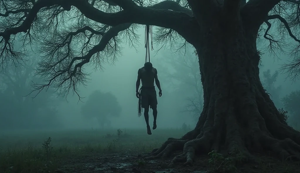 Man alone with arms spread and both hands nailed to a Christian cross, the man is crucified on the cross, he wears modern clothes, he is in the middle of a gloomy and terrifying forest at night, in the background there are scary and disturbing silhouettes, Photorealistic style.