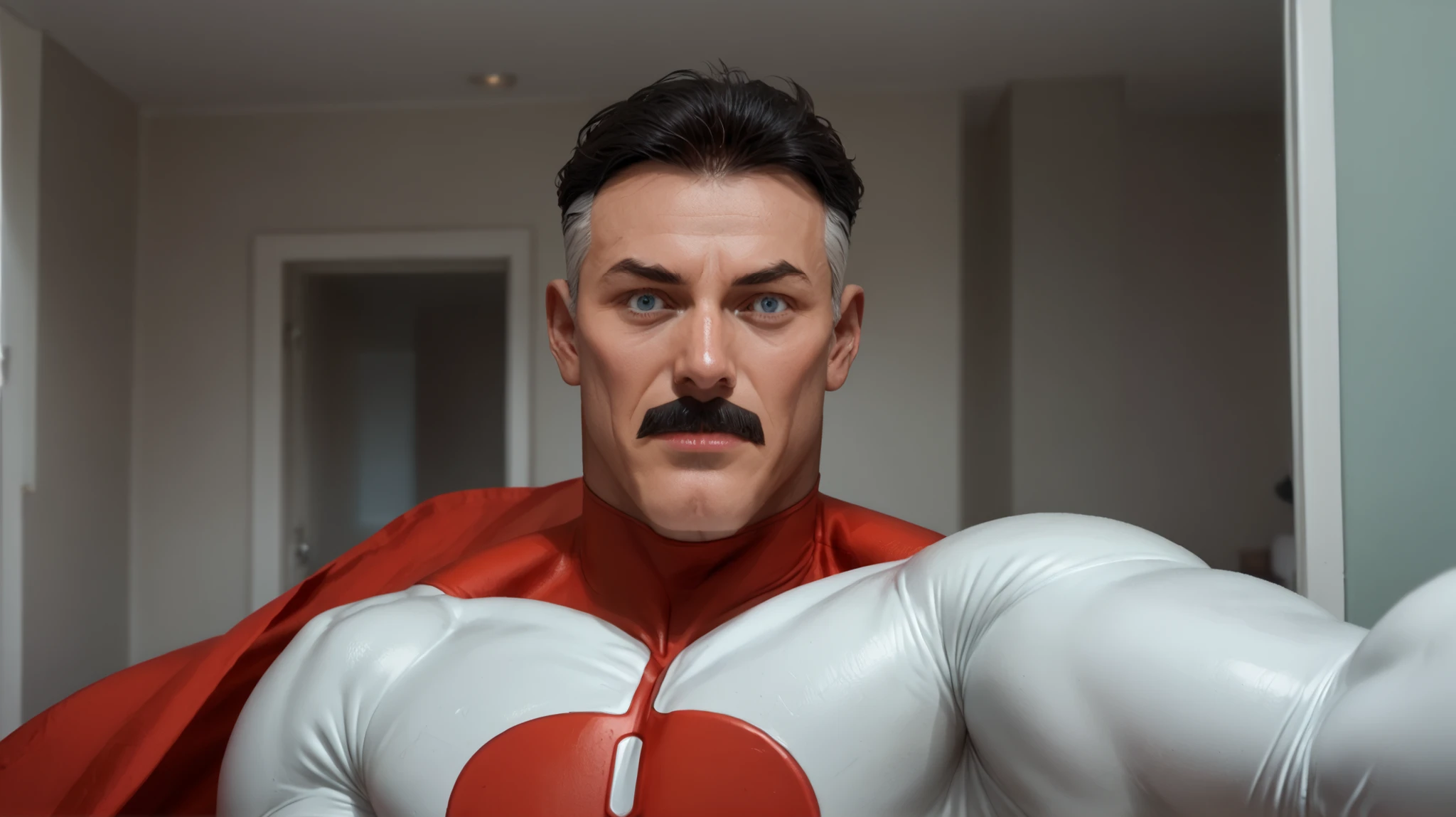 OmnimanP, 1boy, black hair, short hair, blue eyes, male focus, mature male, mustache, muscular
white bodysuit, red bodysuit, cape, white boots, photorealistic, upper body, selfie shot, selfie view