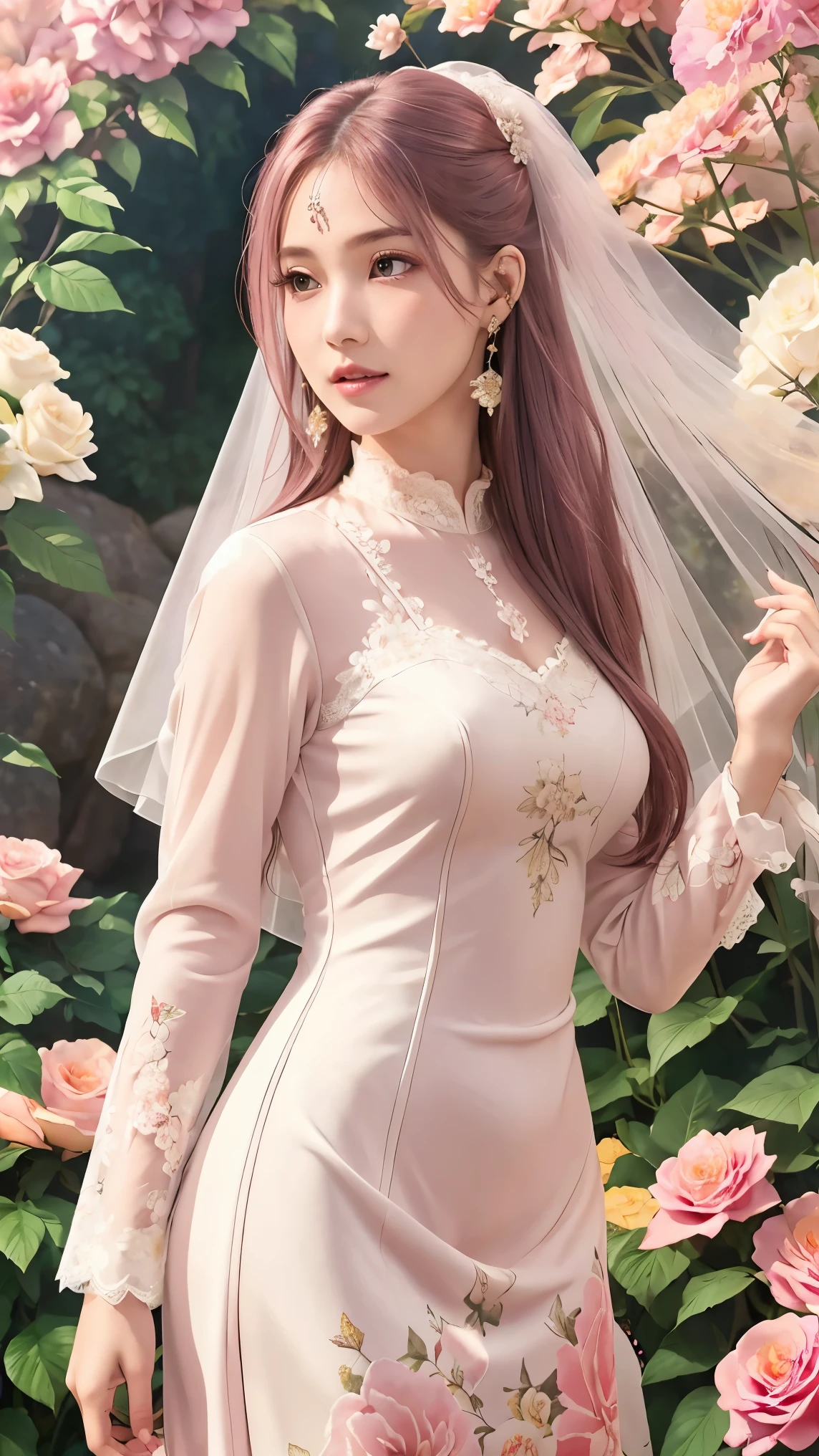(masterpiece, best quality, best quality, Official Art, Beautiful aesthetic:1.2), green eyes, (best quality, masterpiece painting:1.3), Immature woman, , (bust), masterpiece, ultra high resolution, (((wedding veil, lace trim dress, transparent, Wedding Dress, Outdoors, White Rose, (long sleeve:1.2), Pink Bow,))), Decorative panel, Abstract art, (taken from a side angle), (photorealistic:1.0), ((pale pink hair)), straight hair , beautiful and shiny hair, white radiant skin , painterry, sketch, texture, ultra high resolution, solo, beautiful woman in silya room, very detailed, (fractal art:1.1), (colorful:1.1), (Floral:1.6), most detailed, ( zentangle :1.2), (dynamic pose with well-shaped nipples), (abstract background:1.3), (shiny skin under clothing), (Many colors:0.8), (earrings:1.4), (feather:0.9), Taisho Romance,