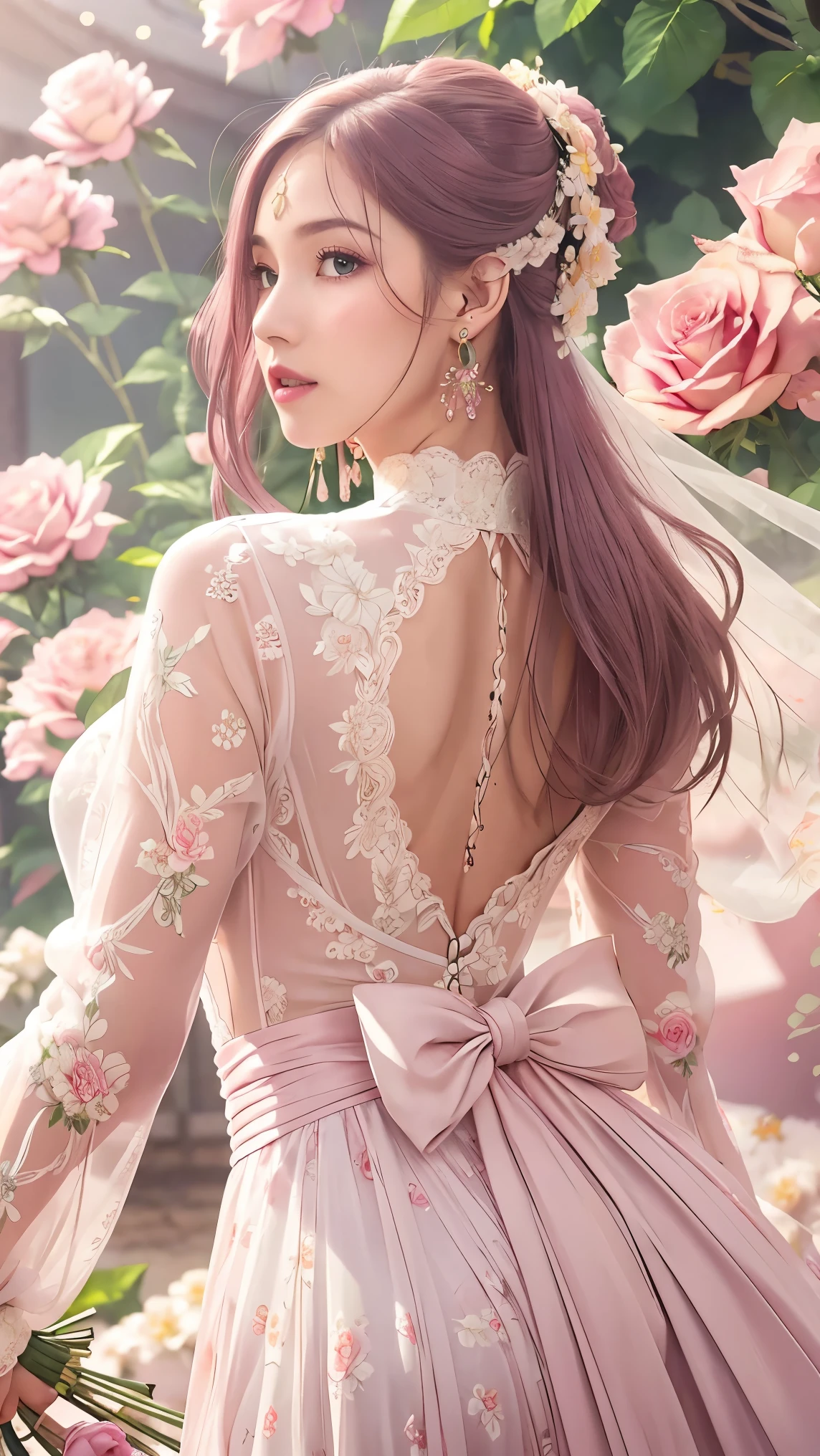 (masterpiece, best quality, best quality, Official Art, Beautiful aesthetic:1.2), green eyes, (best quality, masterpiece painting:1.3), Immature woman, , (bust), masterpiece, ultra high resolution, (((wedding veil, lace trim dress, transparent, Wedding Dress, Outdoors, White Rose, (long sleeve:1.2), Pink Bow,))), Decorative panel, Abstract art, (taken from a side angle), (photorealistic:1.0), ((pale pink hair)), straight hair , beautiful and shiny hair, white radiant skin , painterry, sketch, texture, ultra high resolution, solo, beautiful woman in silya room, very detailed, (fractal art:1.1), (colorful:1.1), (Floral:1.6), most detailed, ( zentangle :1.2), (dynamic pose with well-shaped nipples), (abstract background:1.3), (shiny skin under clothing), (Many colors:0.8), (earrings:1.4), (feather:0.9), Taisho Romance,