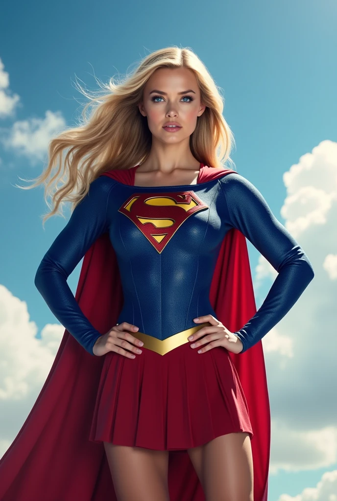 1980s, supergirl, blonde hair, long cape, long hair, looking at viewer, realistic, red cape, skirt, solo, superhero . Indigenous, ethnic, traditional patterns, bold, natural colors, highly detailed