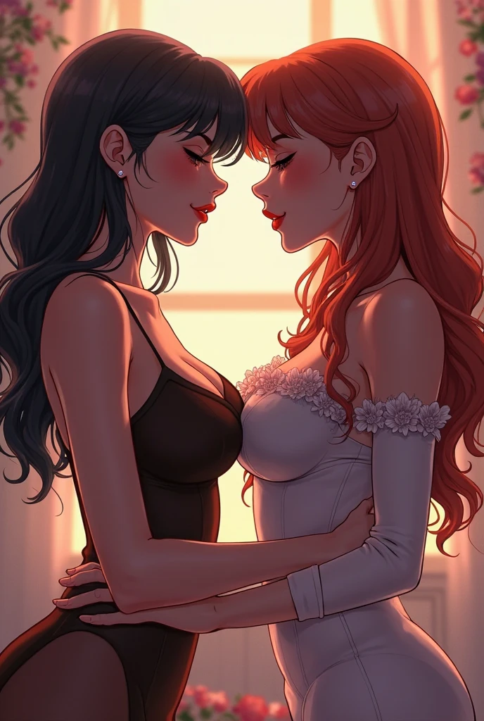 score_9, score_8_up, score_7_up, score_6_up, score_5_up, (high quality, detailed, beautiful), detailed soft lighting, rating_????????, 2girls, Disney's Shego cuddling in bed with Disney's Kim Possible, kissing, passionate, wearing cute tight pajama shorts and top.