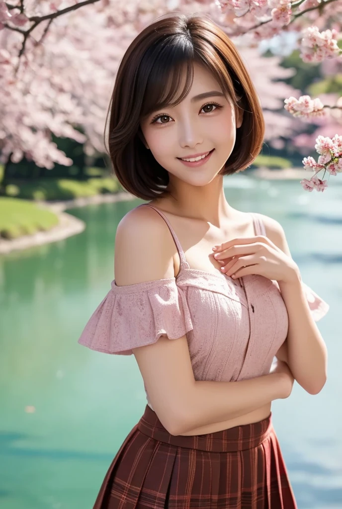 best qualtiy,tmasterpiece,ultra high resolution,(Realism:1.4),RAW photogr,1girll,short whitr hair,Face Highlighting,Pure,Girly,Flushing,18yr old,18-year-old smiling female classmate,Pure,Innocent,(best qualtiy,8K,tmasterpiece:1.3),Goose egg face,largeeyes,long eyelasher,Exquisite(live-action realistic style),(photo full body), full body shot, Star-like eyes,Ultimate face,Photorealistic light and shadow,Clear facial featureilky white skin,Fair skin, highdetailskin, Realistic skin details, Visible Pore,(Super detail),(perfect bodies:1.1),long whitr hair,(dynamicposes),((Dynamic background((volumettic light:1.3)),Bigchest,deep v big breasts,Long red floral dress,liberta,Dashing,Stand under the cherry blossom trees,long leges,Shunguang