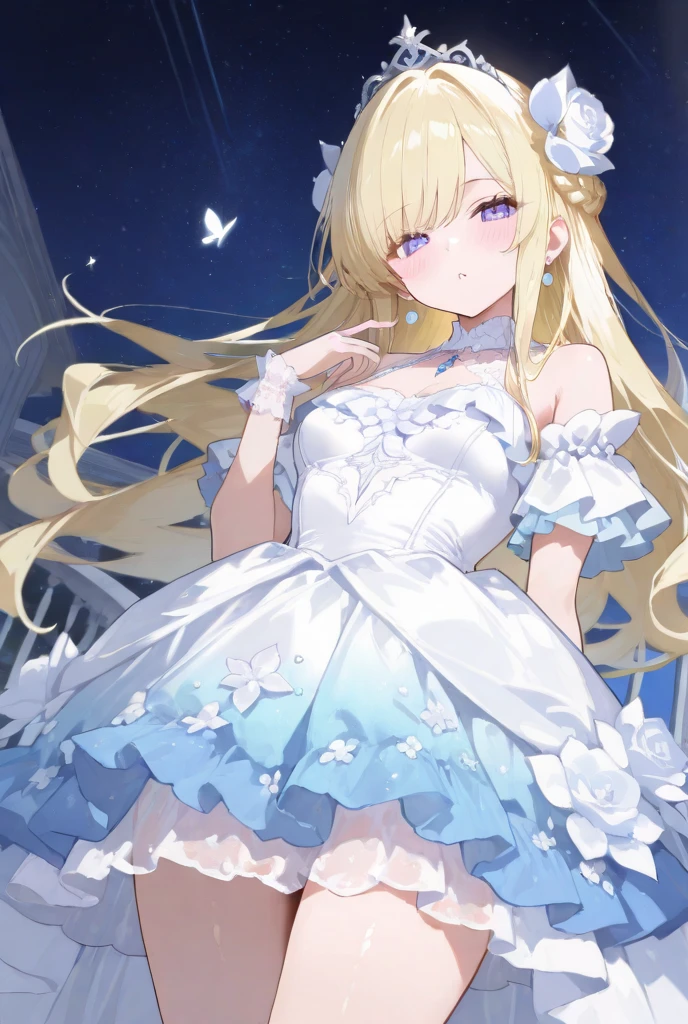 Cristalina, 20 years old, long hair, light blonde, lilac eyes, huge breasts, wearing a lilac ball gown with purple crystals, standing in the ballroom watching news about the prince at night.hentai