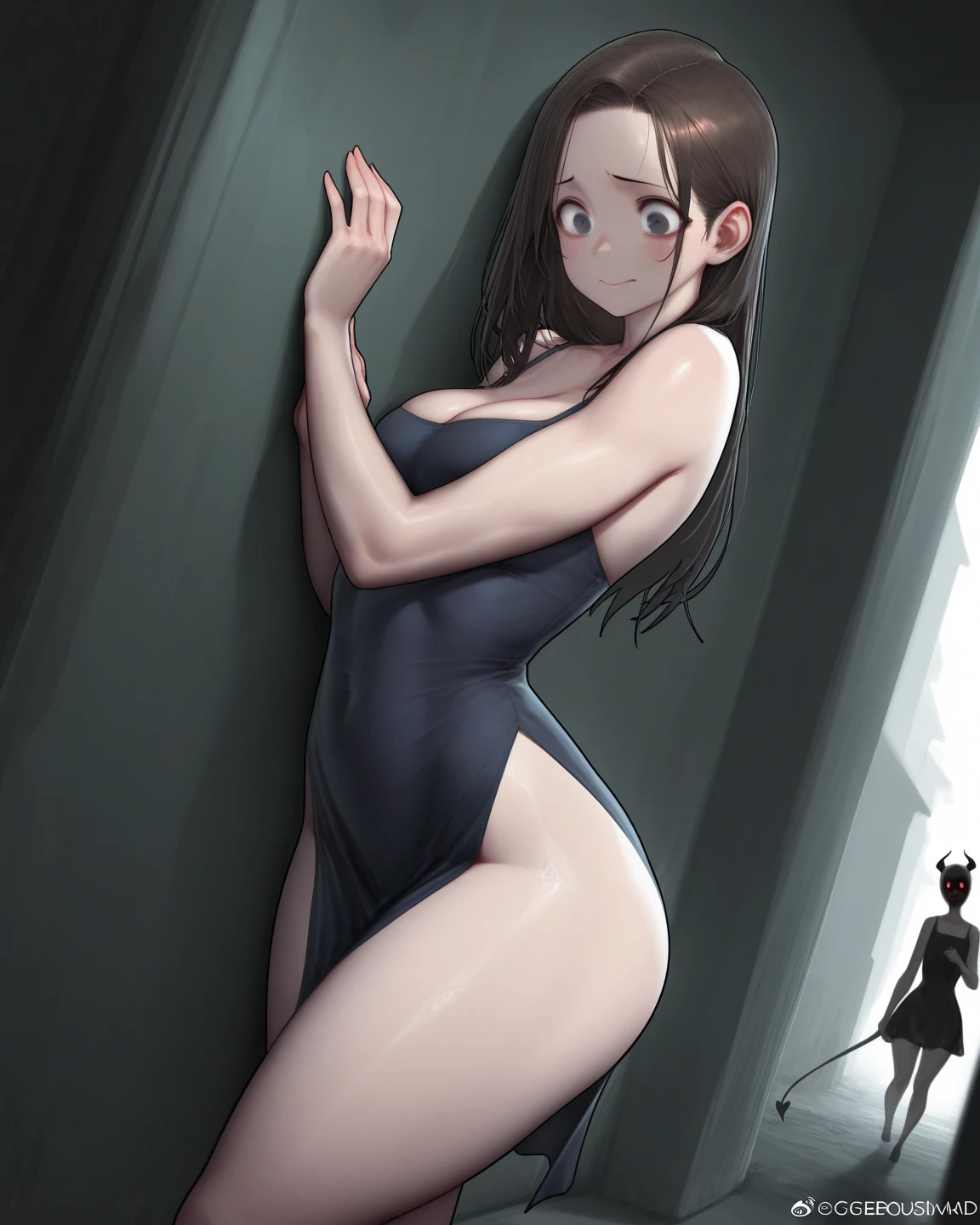 ((((Obra maestra, La mejor calidad, ultrahigh resolution)))), 1girl, standing, navy blue competitive swimsuit, (((black hair, dark black hair over eye:1))), long hair cut, pale skin, ((brown eyes)), glowing_eyes, neon eyes, (ultra detailed eyes:0.7, beautiful and detailed face, detailed eyes:0.9), ((centered)), smile, ((wide shot)), facing viewer, ((indoor swimming pool background)), medium breasts, looking at viewer, ((half closed eyes)), ((perfect hands)), (((head:1, arms, hips in view, elbows, thighs, in view))), ((hands behind back)), empty eyes, beautiful lighting, outside, outdoors, background, defined subject, 25 years old, (head tilt), (((sexy)))