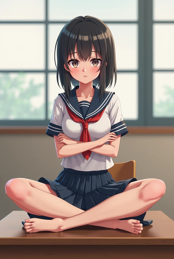 NSFW, In the classroom, Standing in front of the blackboard (master piece, highest quality), one beautiful girl, 16 years old, T-shirt, bra is visible, (sexy panties), fluffy pubic hair, ((sexy thighs)), (navy pleated skirt), wide angle, best lighting, best shadows, (open your mouth a little), (a shy look), physical education sitting, low twintails, high ponytail, curl bob hair, a shy look
