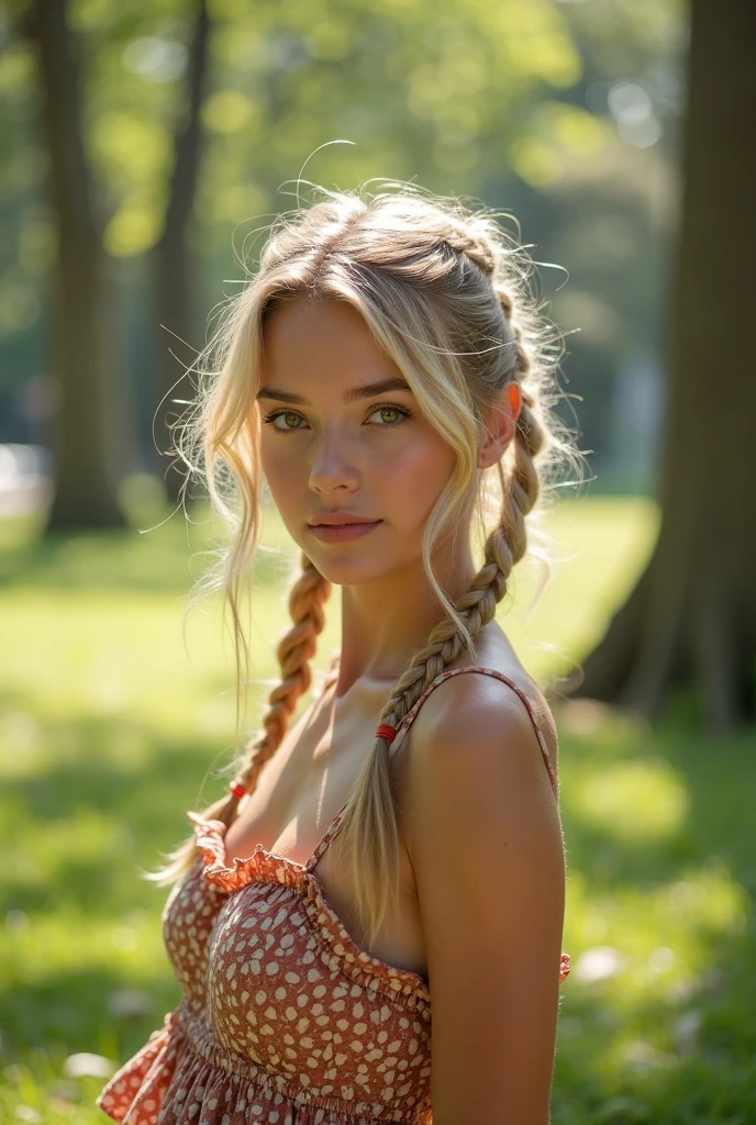 perfect ligthing, bloom, (looking at camera:1.35), realistic skin,realistic, (photorealistic:1.2), supermodel, soft light, canon 5d mark iv, sigma 85mm f/1.4,
red lips, eyeliner, night, outdoors,
black leather leggins, blond hair, braids,
crop top,
nsfw, (medium format print),
view from behind,
narrow waist, round ass.