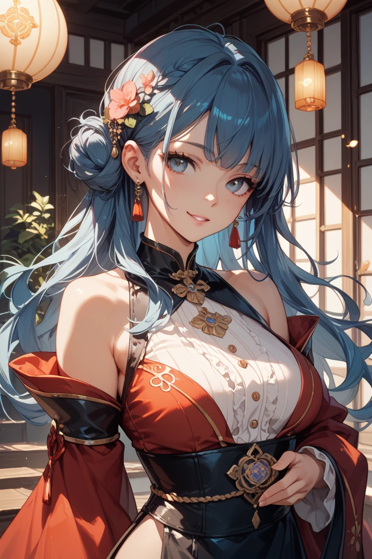 ((best quality)), ((masterpiece)), (detailed), 1girl,Kamisato Ayaka|genshin impact, masterpiece, bets quality, proportional body,medium breast, white hair, batik dres ,Blinking,, blue eyes, detailed eyes,,in roof top,