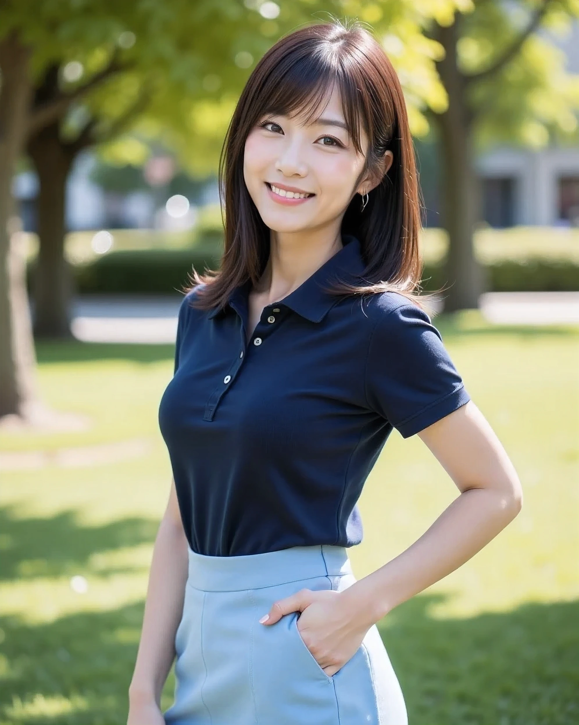 (Photorealism: 1.2), (A very beautiful Japanese woman, 30 years old),
(A cute oval-shaped face),
(A delicate figure, well-shaped and ample breasts),
(Straight medium-length brown hair ),
(A tight, medium-length light blue pencil skirt),
(A dark blue polo shirt),
(Smiling calmly, looking at the camera),
(A bright park, a waist shot from the side)
