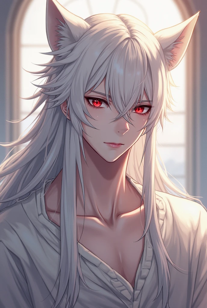 ((Best quality)), ((masterpiece)), (detailed), ((perfect face))、miyabi,a man, Long, flowing silver hair with delicate strands.
Sharp, piercing golden eyes. Fox ears on top of his head.
Serious and slightly mysterious.Pale and smooth.
Wears a robe that is slightly open at the chest, revealing part of his well-defined upper body.
The character exudes a sense of elegance and strength, with a calm and enigmatic aura. The lighting emphasizes his facial features and hair texture, creating a soft, almost ethereal glow.、He came to pick me up in the rain with an umbrella