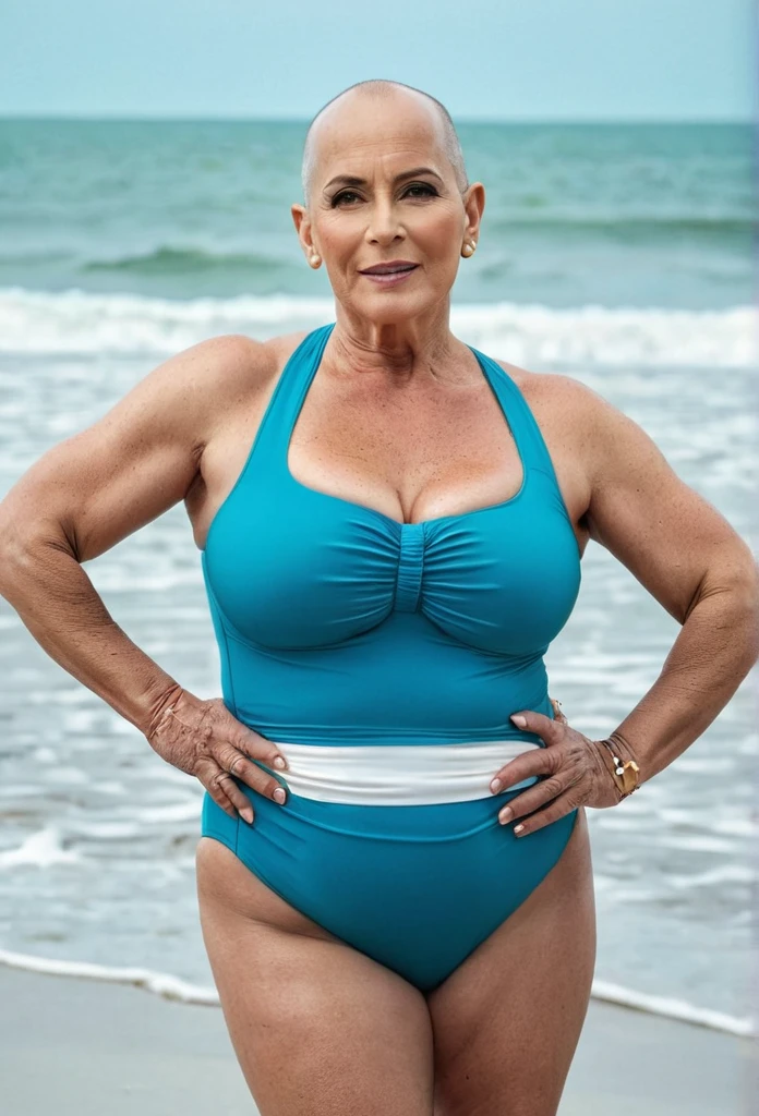 A colored pencil sketch of a beautiful 55yo swedish farm wife, ((she has hefty glutes)), getting ready for the pool, showing off what was god given, sfw, uncensored allowed
