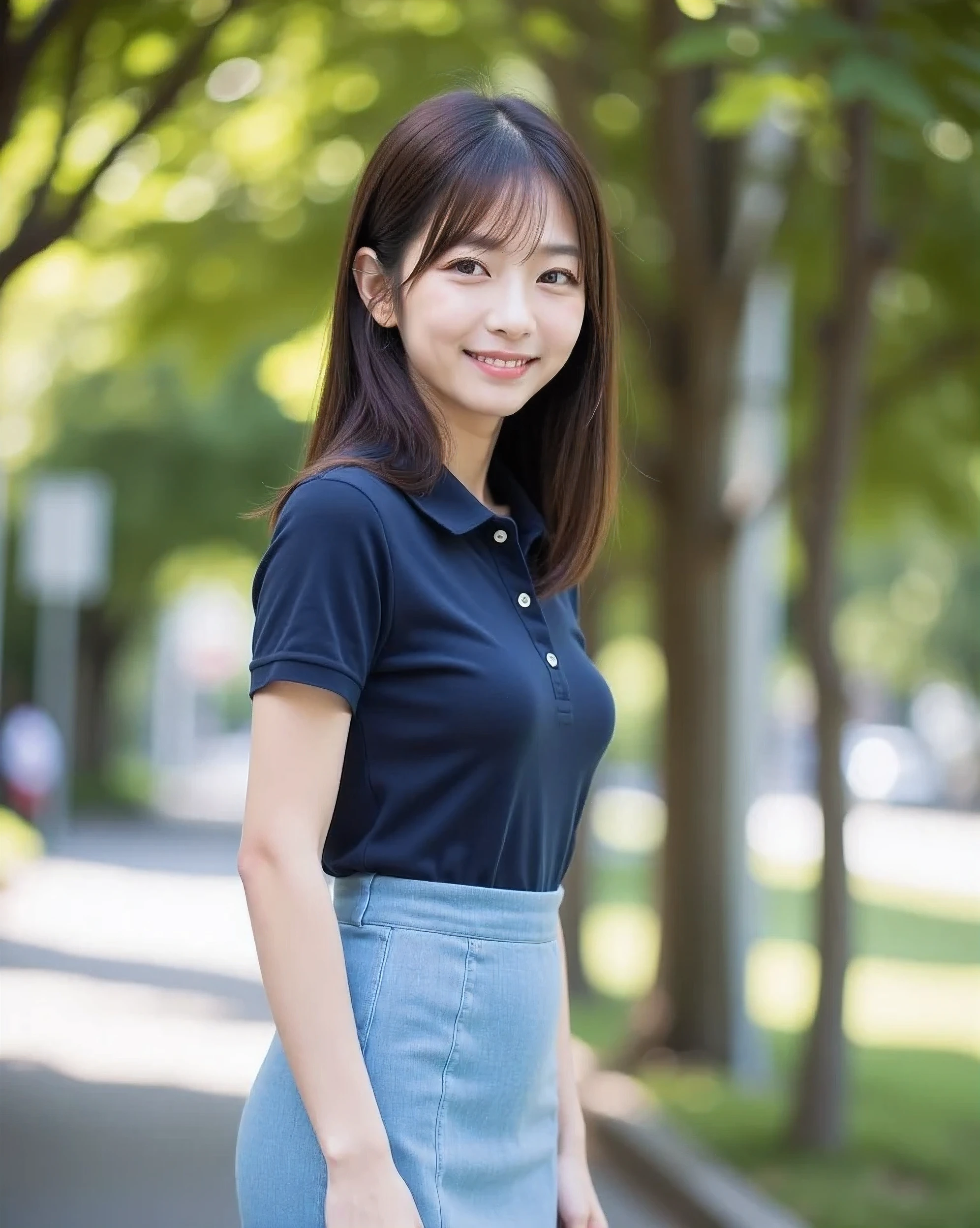 (Photorealism: 1.2), (A very beautiful Japanese woman, 30 years old),
(A cute oval-shaped face),
(A delicate figure, well-shaped and ample breasts),
(Straight medium-length brown hair ),
(A tight, medium-length light blue pencil skirt),
(A dark blue polo shirt),
(Smiling calmly, looking at the camera),
(A bright park, a waist shot from the side)