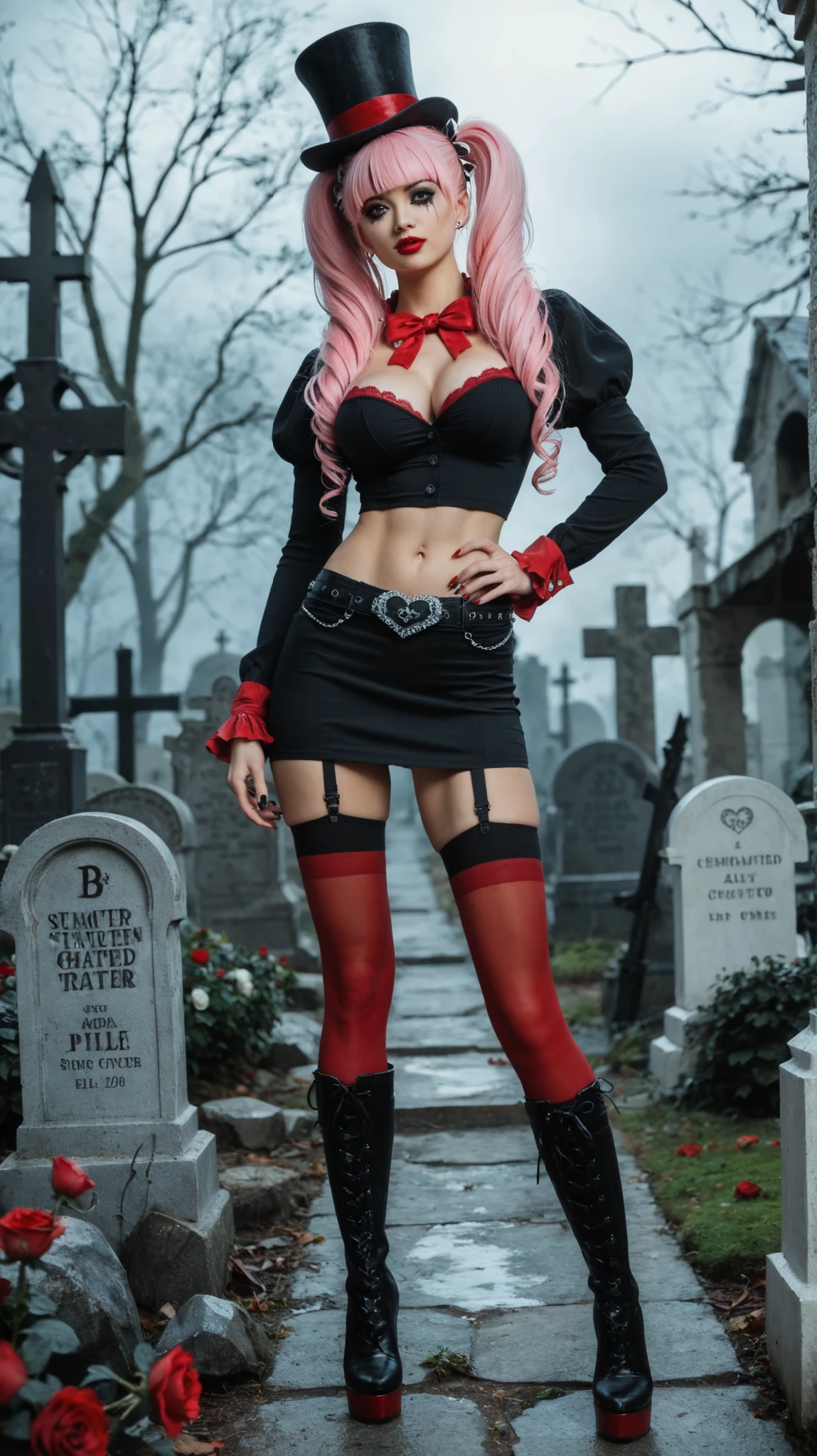 1 girl, alone, realistic style, modern gothic fashion, slim build, medium shot in 3/4 view, standing in a foggy graveyard surrounded by old gravestones, wearing a small transparent red bra-style crop top revealing her breasts subtly, paired with tight red leggings that highlight her slim figure, red glossy high-heeled boots, large black top hat decorated with white roses, very long pink hair styled in thick side drills with straight bangs, charming and expressive eyes with long curled eyelashes, soft confident expression, gothic makeup with subtle eyeliner and bright red lipstick, flat toned abdomen, large breasts, mysterious and moody atmosphere, soft cinematic lighting, emulating a Canon EOS R5 with 85mm lens at f/1.4, composed using the rule of thirds, Asian, beautiful, (25 years old), toned stomach, charming, highly detail