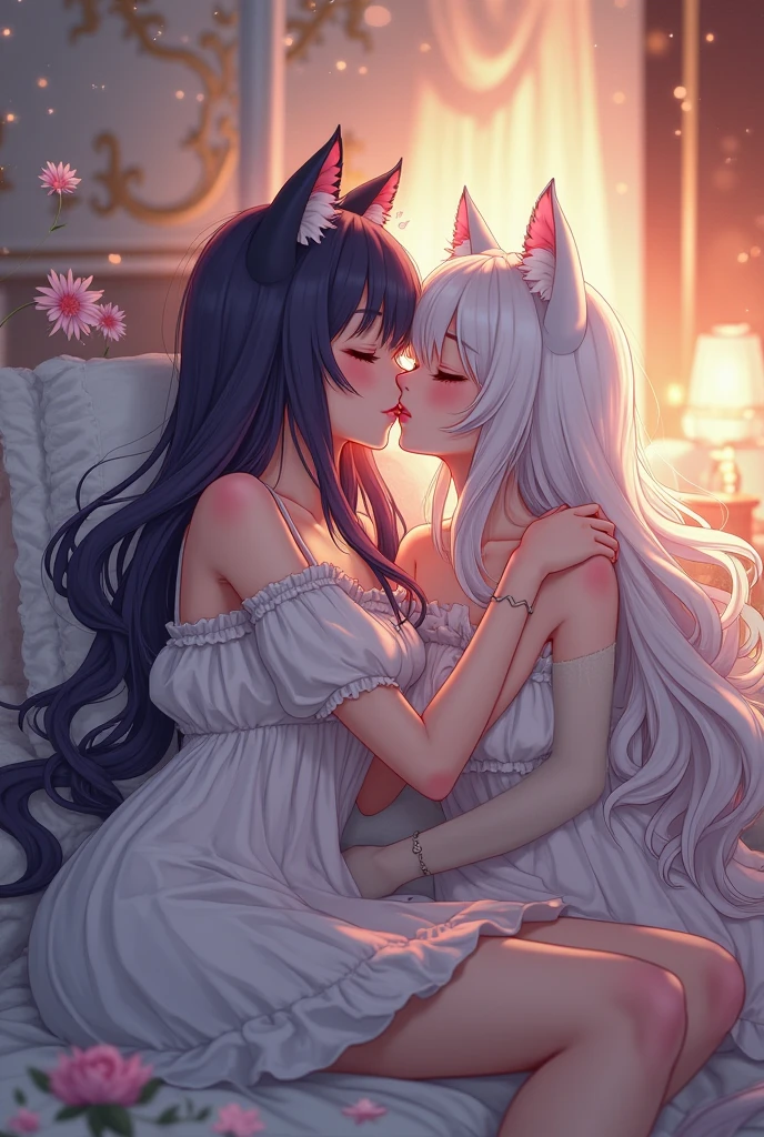 best quality,best resolution,(fluffy anthro furry :1.6),cat girl,2girls,lesbian,girl on girl,fiercely sex,french kissing,deep kissing,white fur,blue long hair,wavy hair,messy hair,neck fur,naked,shiny skin,neck steam,mouth steam,full face blush,horny face,upper body only,sparkle star background,lily flower field,night,light and shadow,very hot,grab breasts,plenty pussy juice,orgasm,spread pussy,fingering