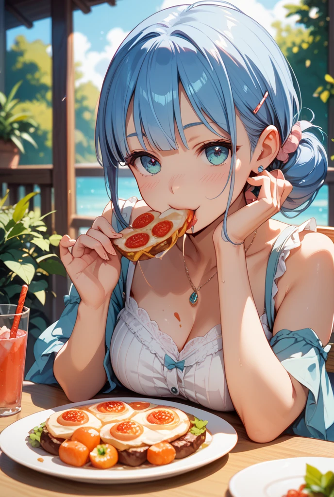 the pizza is in my head inside a cafeteria, utilizando la regla de los 3 tercios de fotografia para colocar al personaje, chica comiendo pizza medio cuerpo