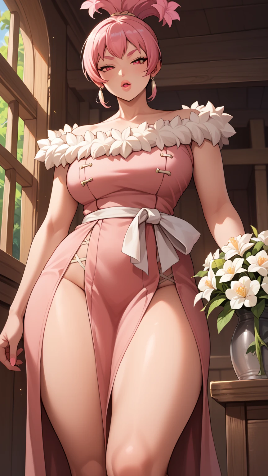 ((best quality)), ((masterpiece)), (detailed), perfect face, ((Best quality, 8k, Masterpiece: 1.3)), Sharp focus A beautiful woman, Highly detailed face and skin texture, Detailed eyes, Double eyelid, A girl with a large flower decoration in her hair, hibiscus, phalaenopsis, dahlia, , brown hair, low twin braids, from below, cowboy shot