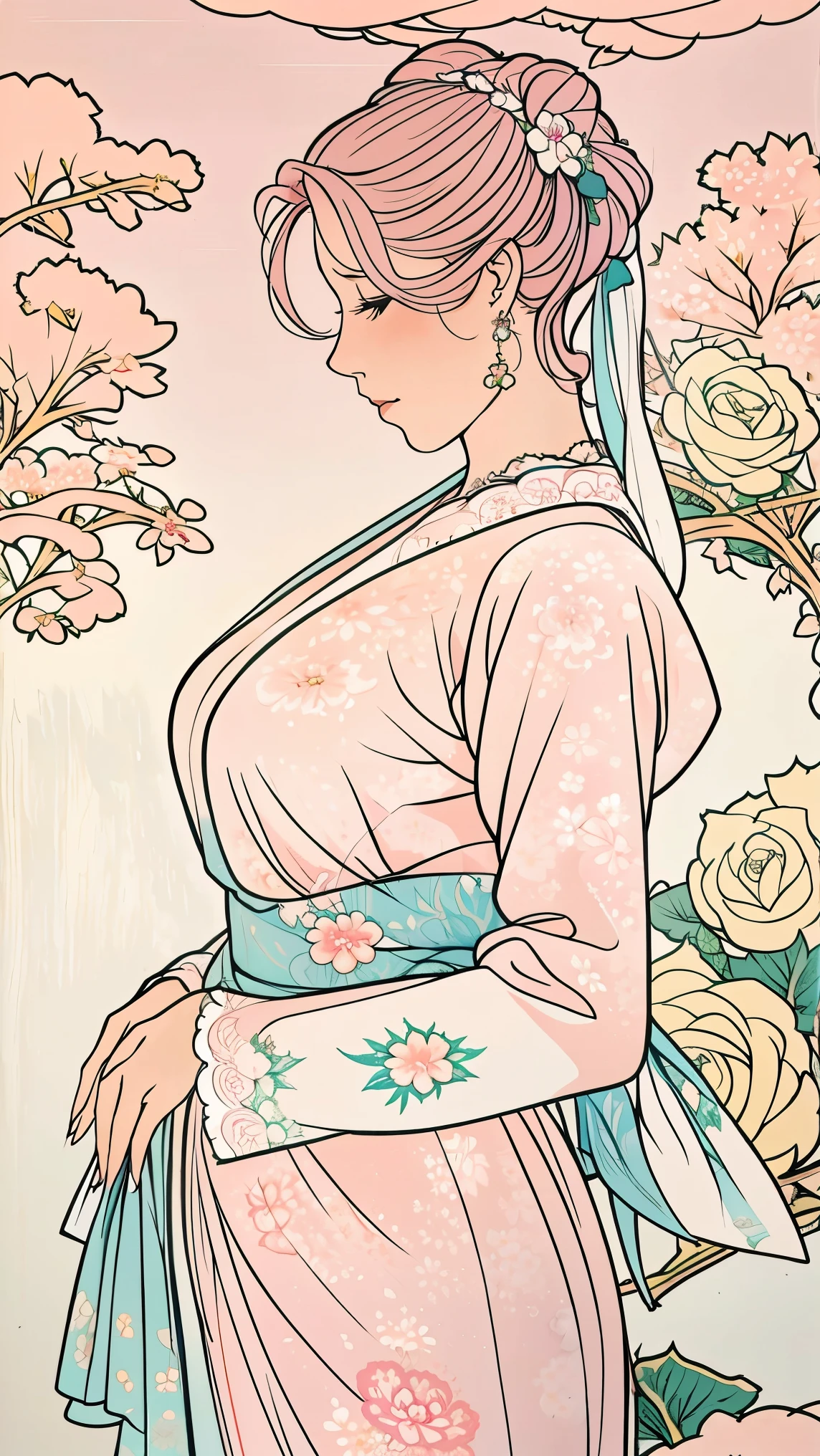 (masterpiece, best quality, best quality, Official Art, Beautiful aesthetic:1.2), green eyes, (best quality, masterpiece painting:1.3), Immature woman, , (bust), masterpiece, ultra high resolution, (((wedding veil, lace trim dress, transparent, Wedding Dress, Outdoors, White Rose, (long sleeve:1.2), Pink Bow,))), Decorative panel, Abstract art, (taken from a side angle), (photorealistic:1.0), ((pale pink hair)), straight hair , beautiful and shiny hair, white radiant skin , painterry, sketch, texture, ultra high resolution, solo, beautiful woman in silya room, very detailed, (fractal art:1.1), (colorful:1.1), (Floral:1.6), most detailed, ( zentangle :1.2), (dynamic pose with well-shaped nipples), (abstract background:1.3), (shiny skin under clothing), (Many colors:0.8), (earrings:1.4), (feather:0.9), Taisho Romance,