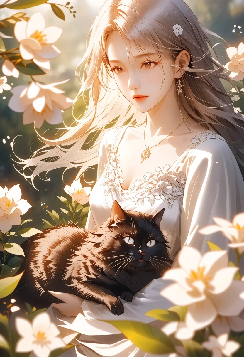 Listen to the early summer wind. A beautiful long-haired girl and a black cat. Expressing the early summer sunlight and the movement of the wind. A refreshing image.
