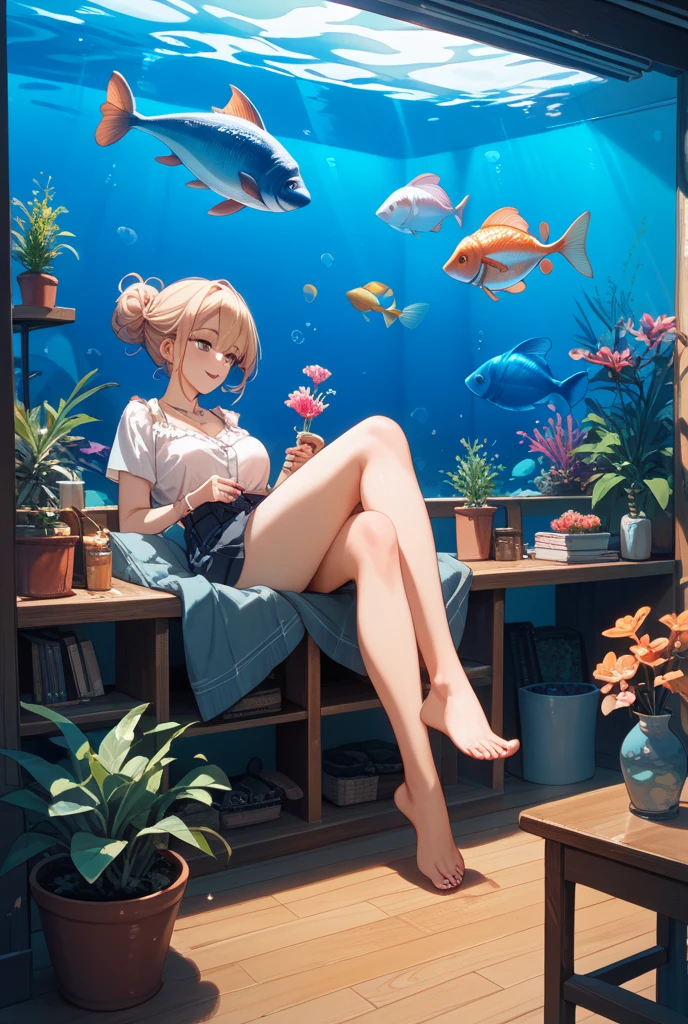 (top-quality)、Girl frolicking in the aquarium、Sit on a chair and drink coffee、a blond、chiquita、Large aquarium