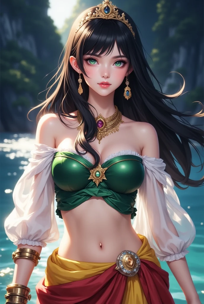 1 beautiful young princess, ((beautiful princess no longer a child:1.8)), ((wearing a black armored dress with gold trim in ancient hanfu style:1.6)), (((Exquisite patterns on the skirt:1.6))), ((braided hair with long black bangs: 1.6)), ((long bangs:1.6)), ((hair jewelry:1.9)), ((upper body gold jewelry:1.9)), ((Very delicate gold necklaces:1.7)), ((earrings with emeralds:0.8)), noble, noble style of an extremely beautiful girl, super cute little face, very pretty face, fur thin eyebrows, flawless beautiful face, ((black eye pupils: 0.8)), very beautiful eyes, ((green eyes eyes: 1.6)), beautiful makeup and detailed hairdo, eyelashes, eye makeup wet, high nose, earrings, red lips, ((closed mouth: 1;5 )) beautiful lips, slim hands, ((arms spread out to the sides: 1.7)), rosy face, clean face, flawless beautiful face, smooth white skin, firm breasts, nice cleavage, ((super big and round breasts: 1.6)), beautiful breasts, perfect body, ((Sit back and puff out your chest, arms behind you:1.6)), 8k photos, super high quality, super realistic, super 10x pixels, optical, bright studio, bright edges, two-tone lighting, (high detail skin:1.2), super 8k, soft lighting , high quality, volumetric light, optical, optical high resolution, light, best photo, 4k, 8k quality, blur effect, smooth sharpness, 10 x pixels, ((beach at night background:1.5)), aurora, lightning, super realistic graphics, most realistic graphics, alone, solo, Extremely sharp, surreal images, (((frontal portrait: 1.3)))."detailed eyes, detailed hands, detailed face,colors, full body, long legs