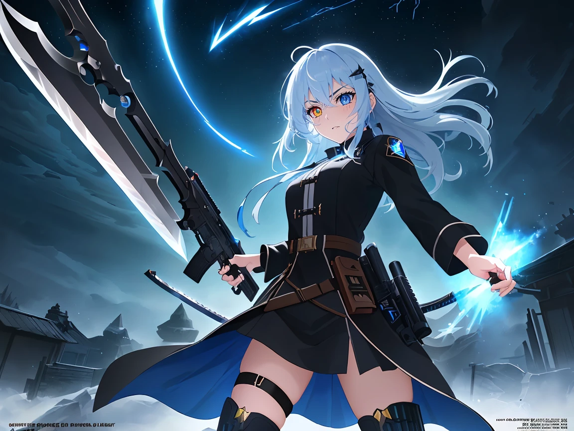 ((science fiction space fantasy)), A badass tall woman, (A female commander), ((a leader of a fleet of intergalactic armies)), White high ponytail with a glowing light blue highlights at the ends, Wielding a sword with deep blue aura, the mystical blade in her hand emitting a bright contrast blue light with a ray of energy, a futuristic intergalactic military uniform, Wearing Black shorts exposing the thighs, with a captain hat, a long simple dark boots. A masterpiece illustration, a light novel cover, best quality, best detail(Light novel illustrations), Arknights style, masterpiece, high quality, detailed.