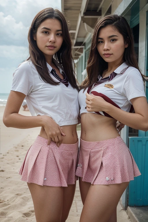 (2young girls), (highly detailed Beautiful face), Amazing face and eyes, (Best Quality:1.4), (Ultra-detailed), (extremely detailed CG unified 8k wallpaper), Highly detailed, High-definition raw color photos, Professional Photography, Realistic portrait, Amazing face and eyes, Pink eyes, (hi-school uniform, pleated mini skirt:1.3), Double buns, brown hair, model, smile shyly, (pink underwear:1.3), (((Bokeh))), depth of fields, depth of fields, beach, twilight, sunset,