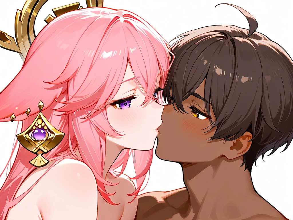 ((highest quality)), ((masterpiece)), (detailed), (Perfect Face)、The woman is a nude Lydia with long, lightly wavy, asymmetrical green hair and a gold hair ornament.、Smiling, she is picked up in a princess carry by a burly black man in the bedroom and they share a deep kiss、The woman is being carried in a princess carry by a burly black man, her arms around his neck, embracing him and deep kissing him.、(She's naked and her pussy is overflowing with a huge amount of semen.)
