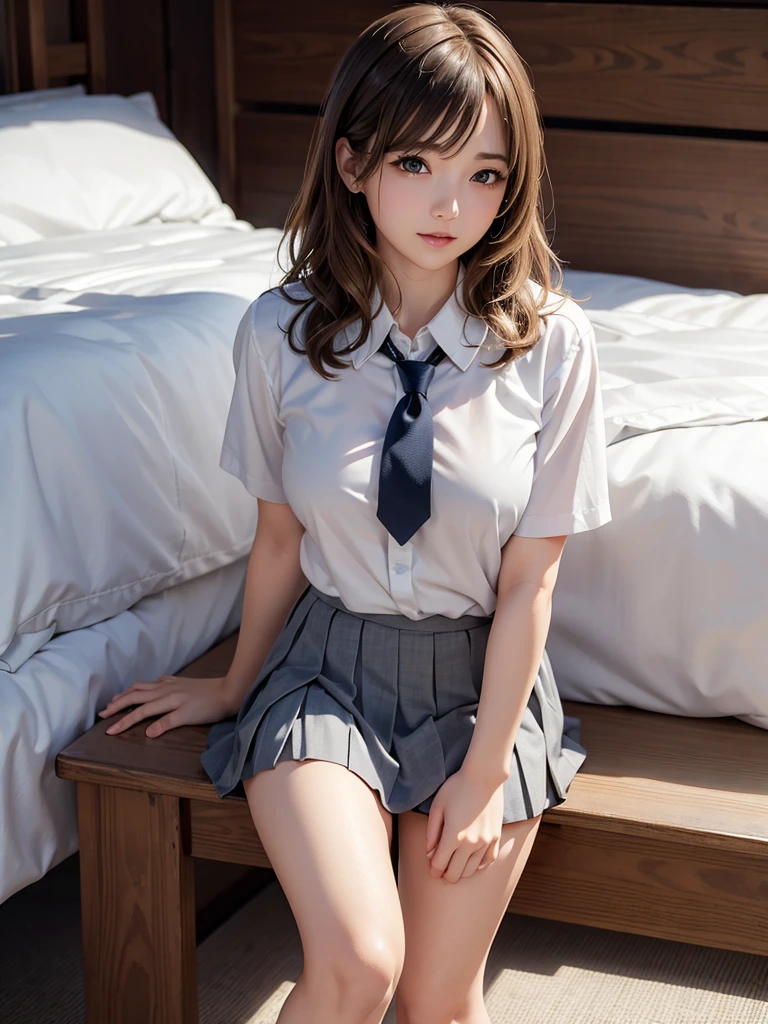 (masterpiece:1.2), super high quality, japanese girl, (super realistic), (super photographic style), 1girl, ((full body)), at noon, fine day, straight hair, (18 years old), (((legs))), large tits, (cute face), (((school uniform))), lying on her back on a bed, head on the pillows, view from sky above, ((closed eyes)), ((legs spread)),