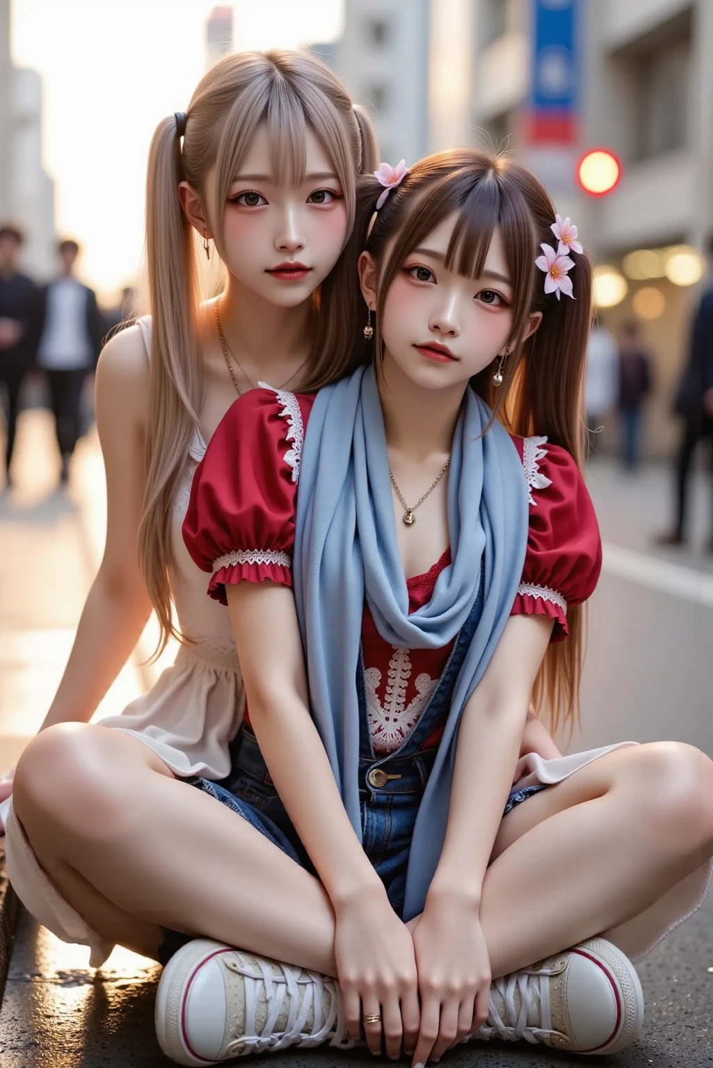 two women with pink hair are posing for a picture, two beautiful anime girls, cute little girls, pink twintail hair and cyan eyes, little girl in real life, oppai, twintails, beautiful sci - fi twins, ecchi anime style, anime girl cosplay, realistic - anime, seductive anime girl, ecchi, belle delphine,  masterpiece, superdeformed, full body: 1.2, ultra high res, RAW photo, masterpiece, ultra detailed, 8k, full detailed hair, highres, best quality, ultra high res, ultra detailed face and eyes, (photorealistic:1.4), looking at viewer, smiling, cute,  (ray tracing:1.4), (long legs:1.4), Best quality , masterpiece, large hip, Fully facial detailed, beautiful, ((very detailed of hair )) , (((18 years old))), thin lips, big eyes, highres, seducing, blue eyes , slim waist, 8k, 16k, highres,
karol bak uhd, inspired by hajime sorayama,