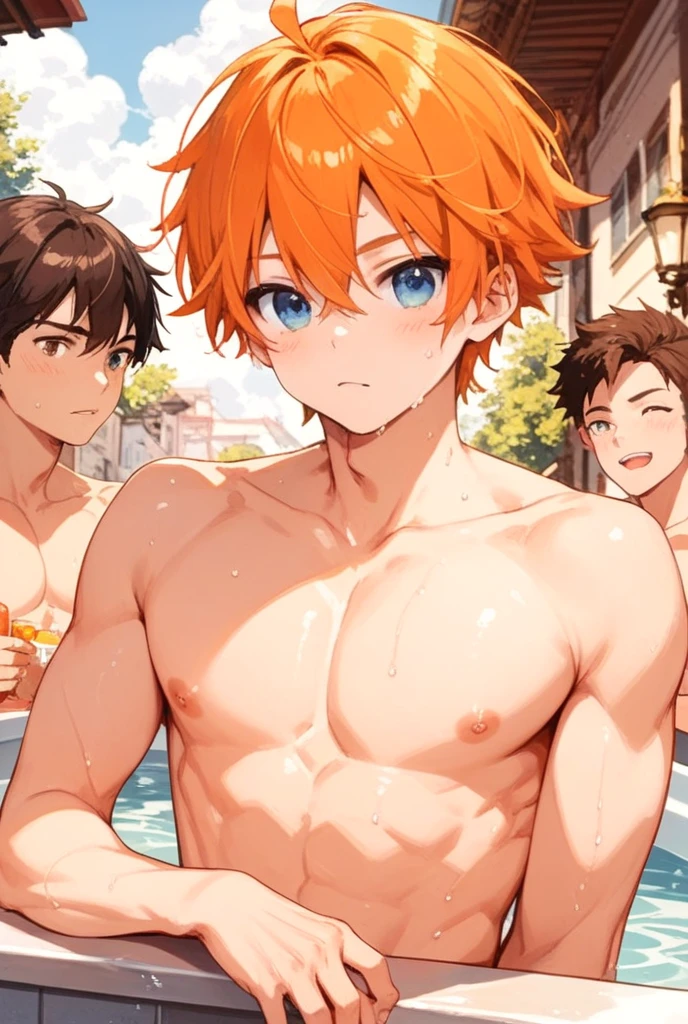 4boys、Highest quality、High resolution、Super detailed、perfect anatomy、(muscular male:1.3)、(father:0.2)、15yo、nipple piercing、gay、Blue Hair、Blonde、Black Hair、Gray Hair、Red hair、Short Hair、Sports haircut、short hair、Brown skin、(sweat:1.3)、steam、Beach、Wearing a micro bikini、enjoy、wide view
