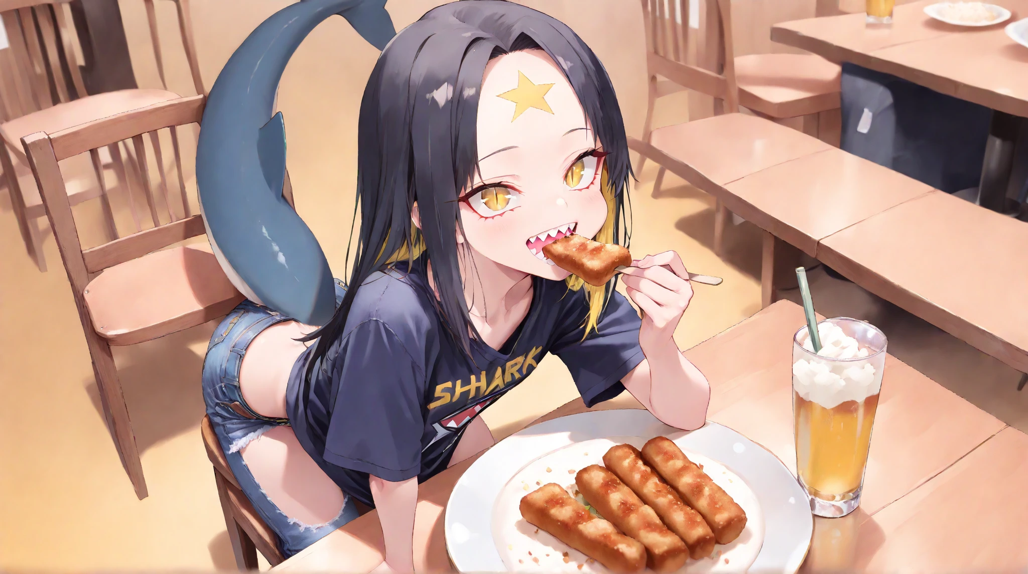 A black-haired girl wearing a pink frilly swimsuit is licking a banana in her mouth