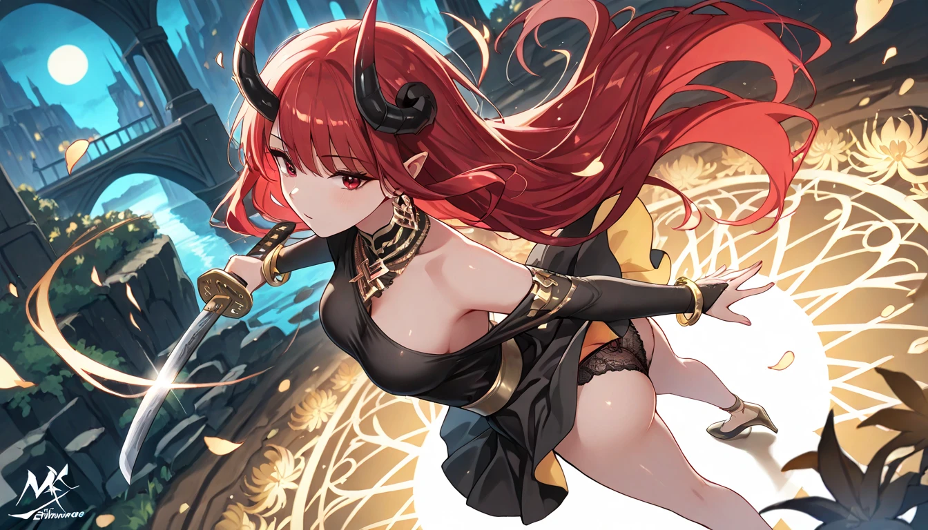Girl with curly long fluffy ginger hair with black demon horns. Has a demon tail with a bow. Has a purple sleeveless sweater with a black long sleeve sweater under it. Has pink lipstick. Cute
