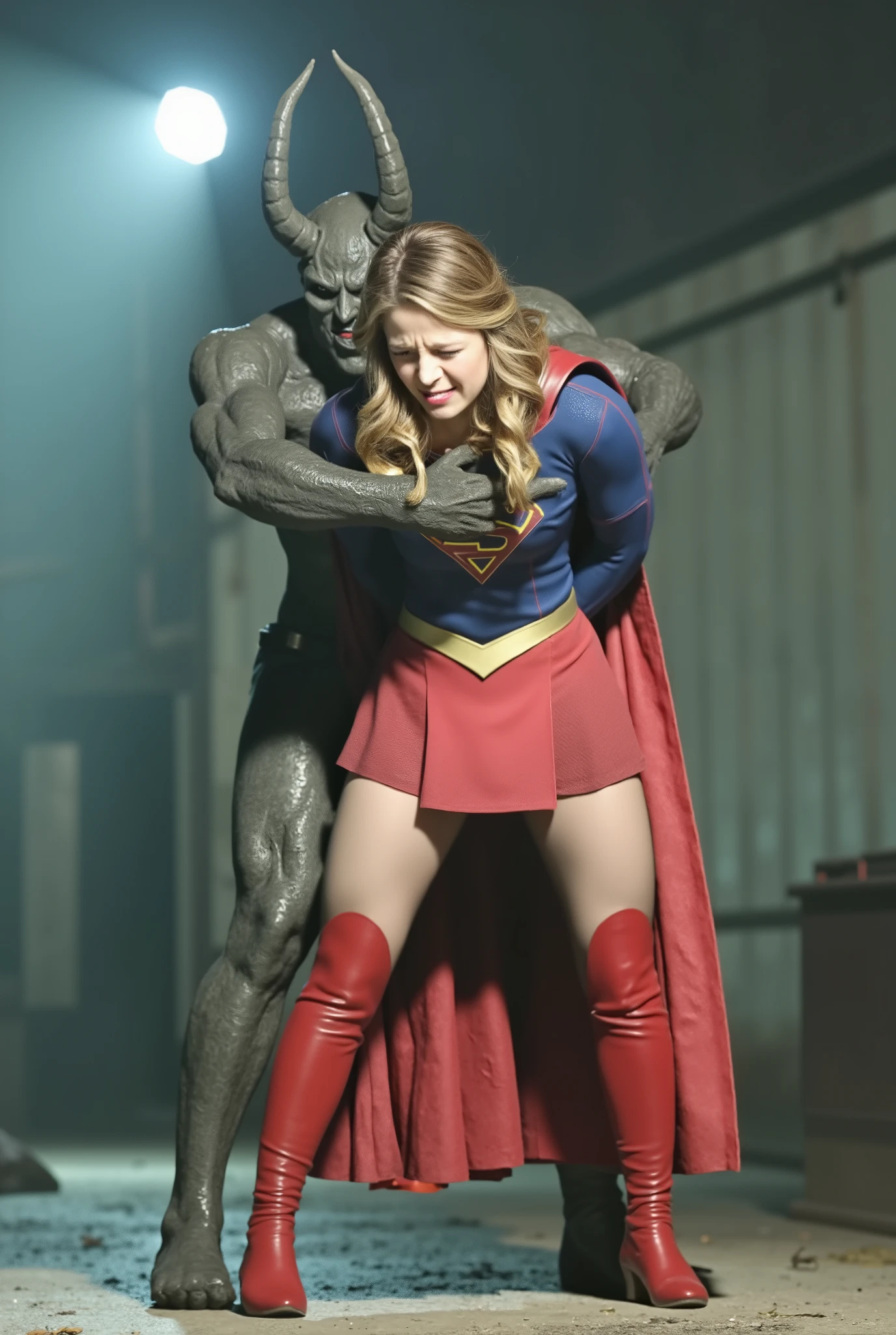 Melissa Benoist as Supergirl, (a very short skirt), both arms behind her back, wearing a Supergirl costume, blue shirt and red skirt, (upskirt0, red high boots, she is sexual assaulted from behind by a devil, embarrassment, ((painful face)), (Supergirl is crying in pain), he is hugging her tightly from behind, whole body from head to feet are visible, in the factory, night time, bright spot lighting,