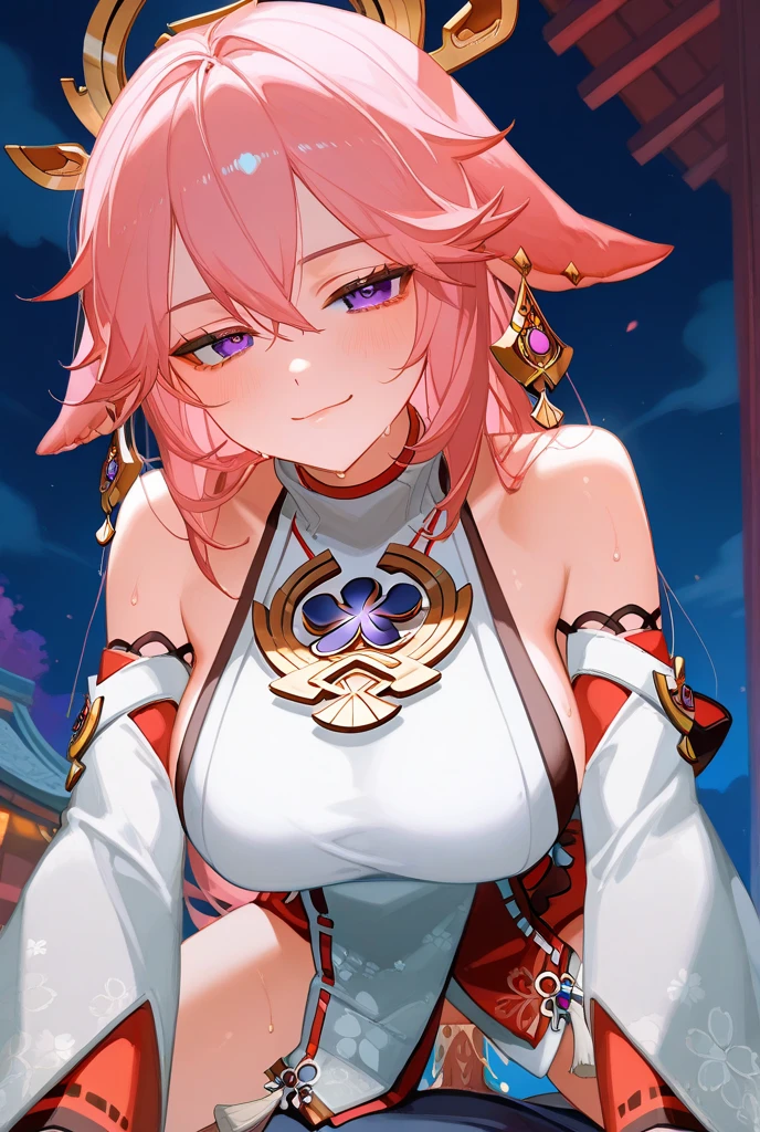 official art, best quality, highres, masterpiece, extremely detailed girl, sharp focus, depth of field, perfect lighting, best quality, god rays, <lora:ganyu2ep10_0.85dim32:1>, ganyudef, ganyurnd, upper body, smile, blush, outdoors, day, simple background, blue sky, short hair, sky, temple, looking at viewer, stairs, mountain, moody lighting, solo, <lora:chii_aruel soulworker :1>, desire, glowing eyes, katana,