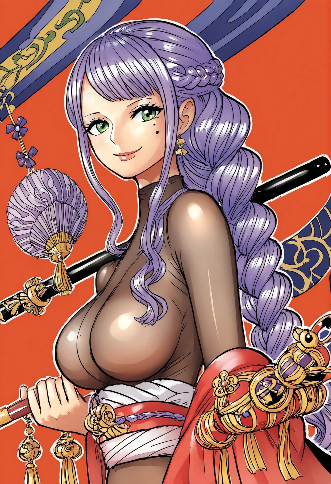 nsfw, ((purple hair), long hair, side bangs , braided ponytail), (Green Eyes, perfect eyes), Great makeup, purple oriental kimono  , ( breast bodystocking) Standing in an eastern village , Samurai in the background  , A person with an oriental face in the background々, (expressionless, mole under eye, and open the mouth, smile), (solo, 1 girl), Huge, Pectoralis major, Mature Woman, (white outline, 6px outline width),  standing in an oriental village with a purple open fan