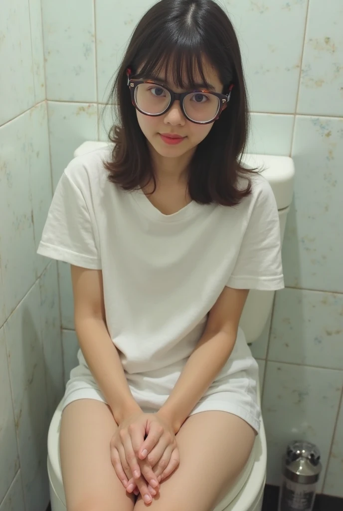 ((Best Quality, 8k, Masterpiece: 1.3)), Photorealistic, Sharp Focus, High Quality, High Definition, ((look down)), Portrait, Solo, Japanese Milf, Beauty, glasses, ((Show Panties:1.5)), 40 years old, Plump, Wavy hair, Wetty White Shirt, Wrinkles at the corners of the eyes, Toilet, Plumbing, Tile, ((Open legs Wide)), (open mouth:1.1),