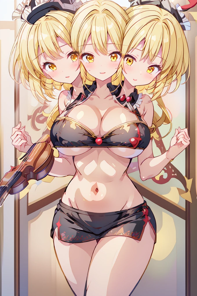 (masterpiece, best quality), best quality, (ultra-detailed), (3heads:1.5), 1girl, (lunasa prismriver:1.3), masterpiece, best quality, white top, crop top, ((stomach)), midriff, ((groin)), black skirt, normal ears, shackles, blonde hair, very long hair, wavy hair, sidelocks, yellow eyes, parted lips, single horn, sweat, cute, toned belly, hand on own chest, eyelashes, (24 year old woman:1.3), (masterpiece:1.4), (best quality:1.4), (beautiful detailed extremely detailed CG, extremely delicate and beautiful, depth of field, (finely detailed face), (perfect details:1.1), (mature female:1.3), wide pelvis, slender, large veiny breast, 8k resolution, high quality, high definition, extremely detailed, masterpiece, best quality, blonde hair, long hair, alluring presence, braid, short skirt, close up, big tits, young, hair ornament, holding instrument, frills, hat ornament,
