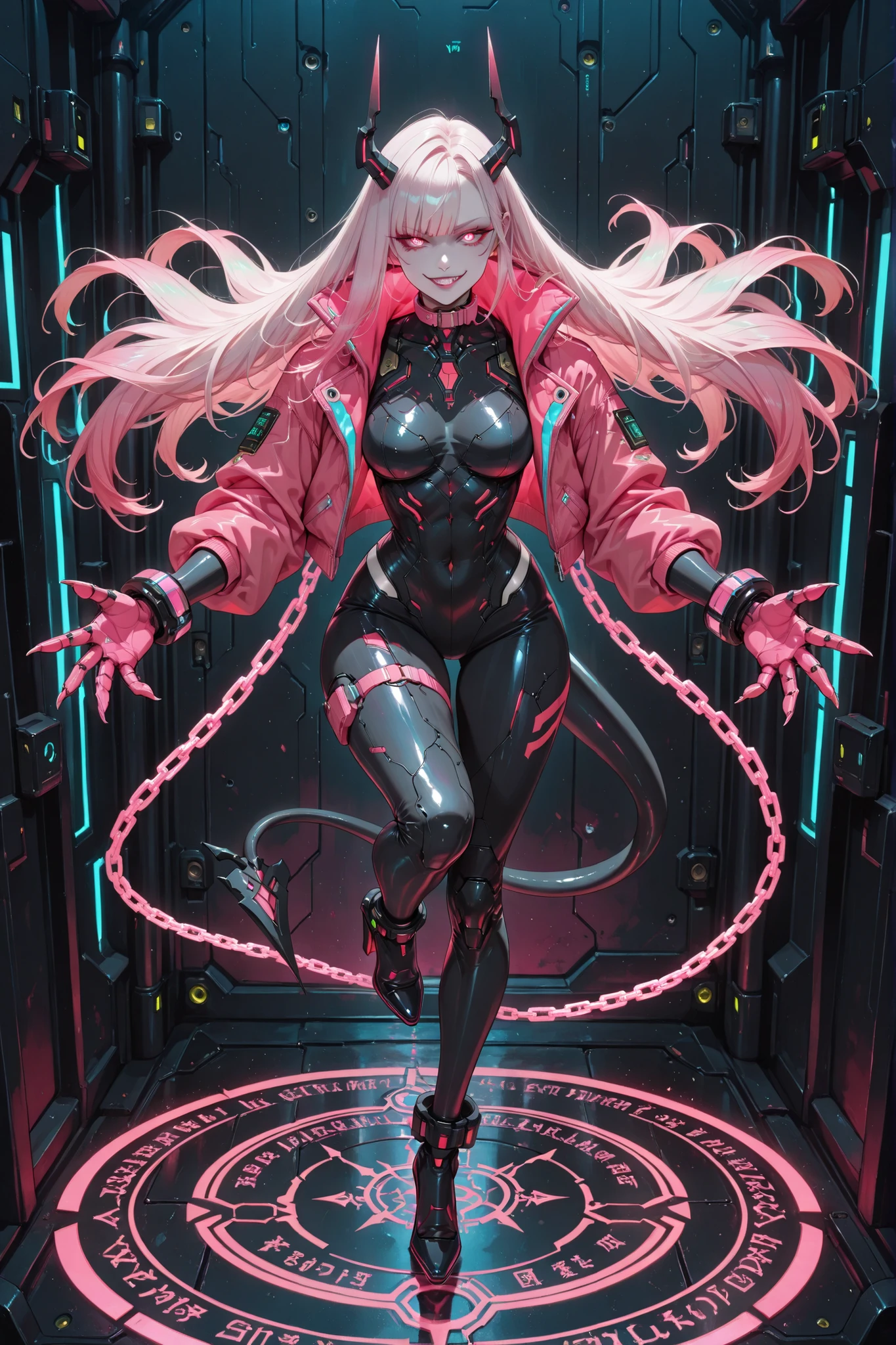 ((masterpiece, best quality, ultra-detailed, high resolution)), (cyberpunk villainess, seductive and dominant), (1girl, very long black and pink gradient hair:1.3, flowing and sleek), (glowing neon pink eyes with demonic slit pupils:1.4, thick winged eyeliner, sharp lashes, intense predatory gaze), (sadistic smirk, evil confident expression, glossy lips curled in cruelty, flawless and symmetrical face, sharp nose, soft pale skin), (tight futuristic black bodysuit with glowing pink tech seams), (open cyberpunk-style velvet pink jacket with high collar and armored accents), (oversized glowing black and pink collar with animated chain, cyber runes pulsing along the metal), (black demon horns with pink digital glow, high heels, sharp gloves with neon tips), (dominant stance: one leg forward, arms slightly open, head tilted with superiority), (black and pink color scheme ONLY, no red), (background: cyberpunk villain lair, neon pink circuitry, dark metal walls, glowing summoning circle, floating chains, digital mist), (face is clean, highly detailed, no distortion, sharp eyes, evil smirk emphasized), (full body, viewed from slightly above)