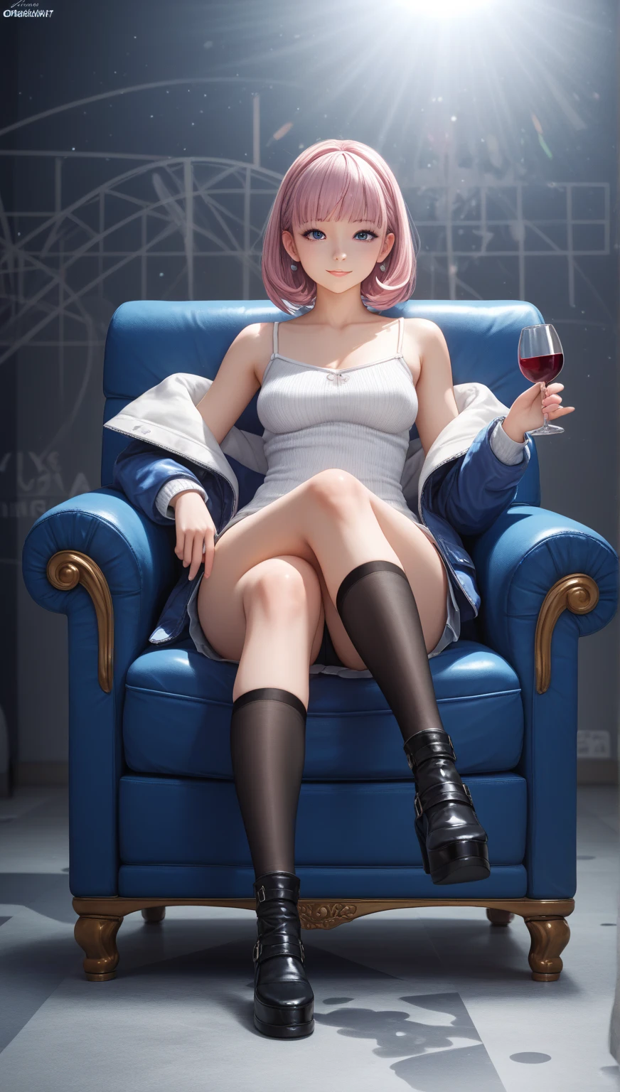 (masutepiece, Digital Art, Digital Illustration, 4K, 8K, Ultra-detailed, beautiful image, Sharp Image, Photorealistic, Raw photo, Perfect face, Perfect lines, Perfect eyes, Soft lighting) 1 woman, (Long pink Hair,straight haired,Bullish gaze,Beautie,Woman in suit,Solid makeup,23 y-o woman Rose,A slender、small tits:1.3),Office scene at night,Antique furnishings,Antique chair,chandeliers, Full body painting、gasping face、embarrassed、boredom、begging、Unhappy、Greedy expression