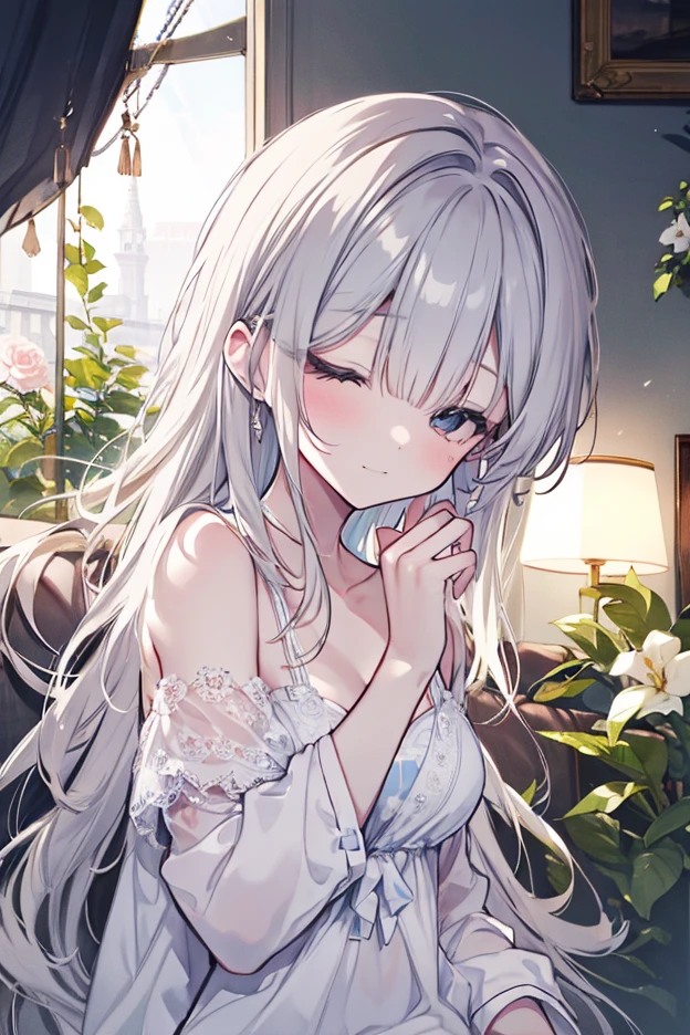 pretty girl, Completely naked、 Silver Hair, From the side, Long Hair, look up, window, curtain, sunlight, Shiny Hair